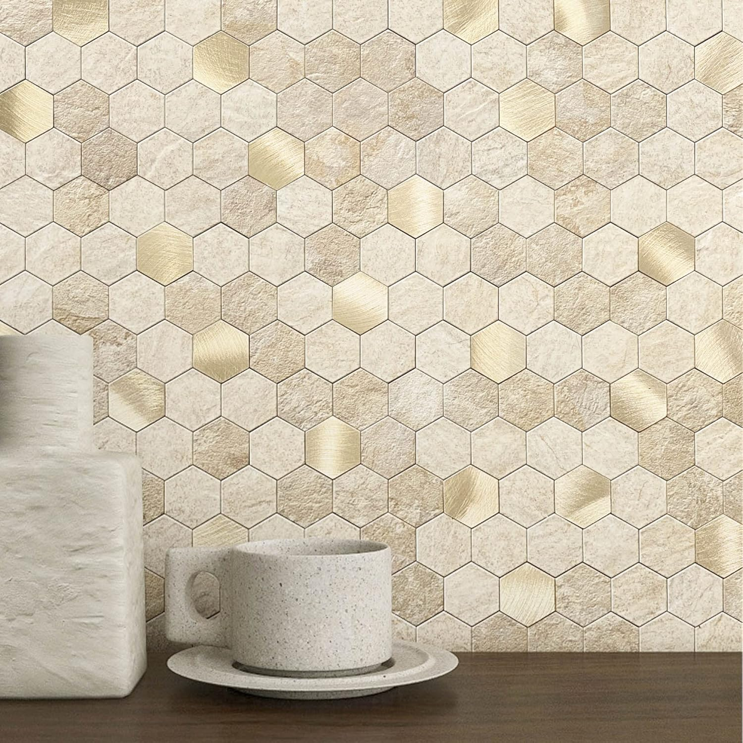 MOFIT Hexagon Peel and Stick Backsplash Tiles Kitchen,Self-Adhesive Metal and Marble Honeycomb Peel and Stick Wall Tiles Sticker Mosaic Heat Resistant(Beige,10Sheets)