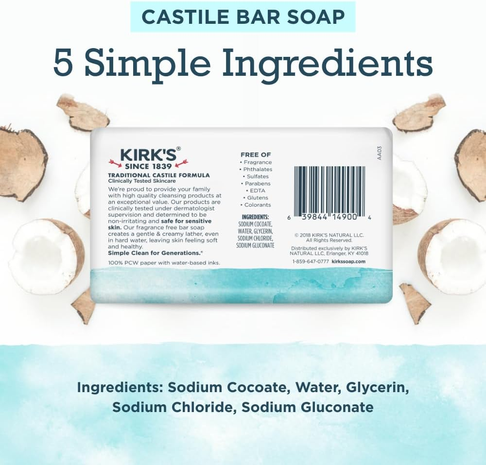 Kirk'S Original Coco Castile Bar Soap Fragrance Free 4 Ounces (24 Pack) image number 6