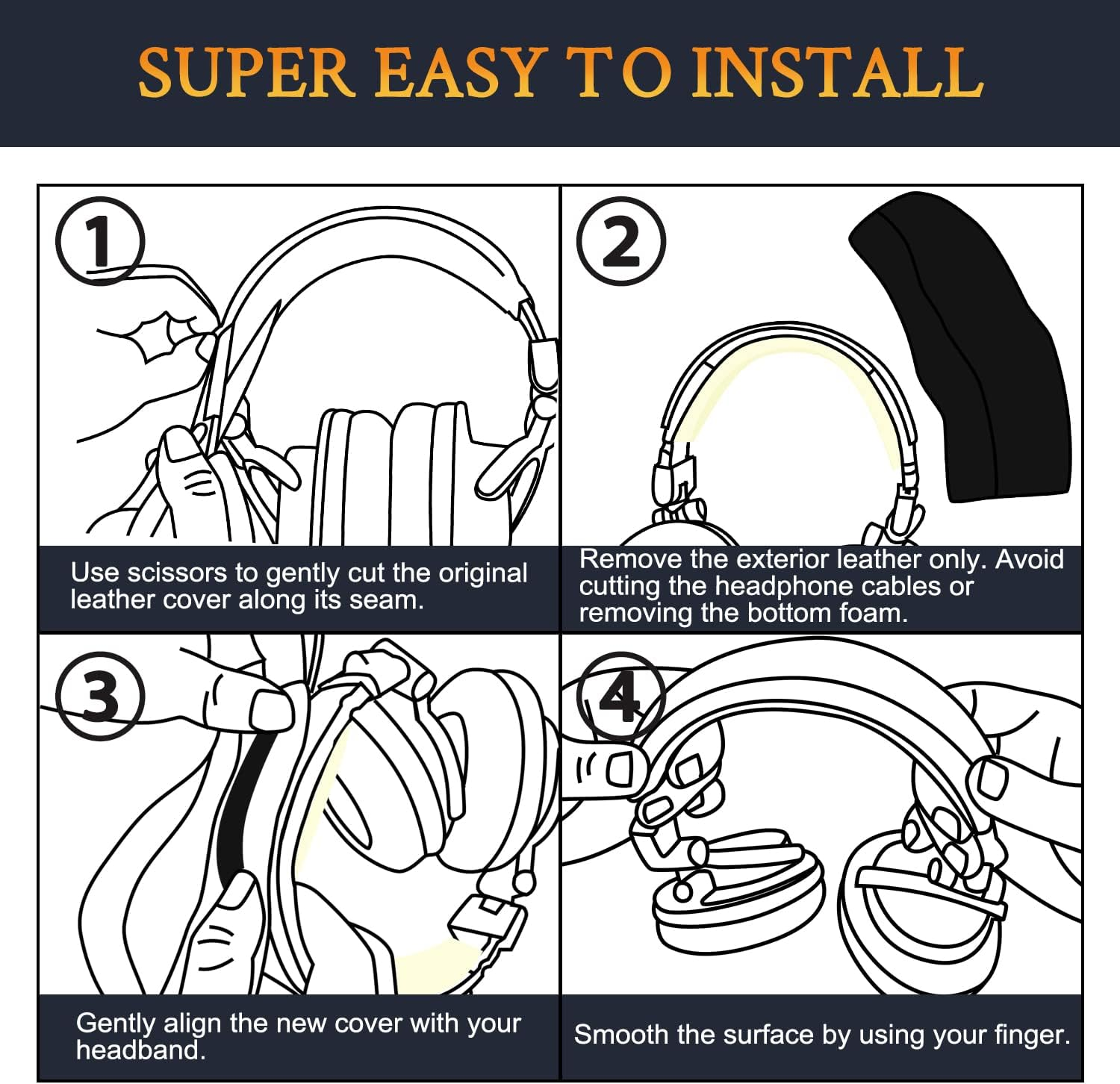 SOULWIT Protein Leather Headband Cover for Audio Technica ATH M50, M50X, M50XWH, M50XBT, M50XBT2, M50S/LE Headphones, Replacement Headstrap Pad Repair Part (Black) image number 5