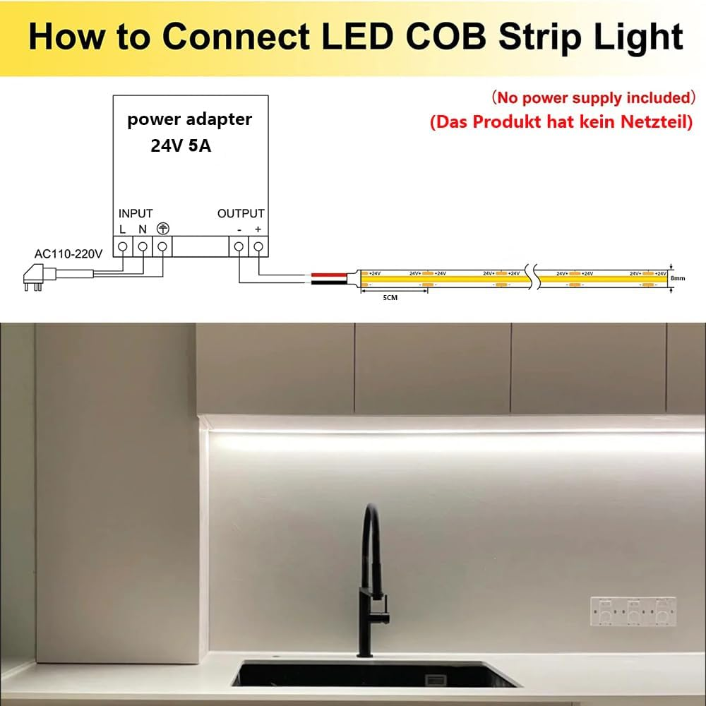 TOPAI 24V COB LED Strip 10M 5000K, Daylight White LED Strip Lights Dotless, Super Bright 7000Lm, CRI>93, 8Mm Width, Adhesive LED Tape, 384Leds/M Flexible Cuttable for Cabinet Home DIY Lighting image number 1