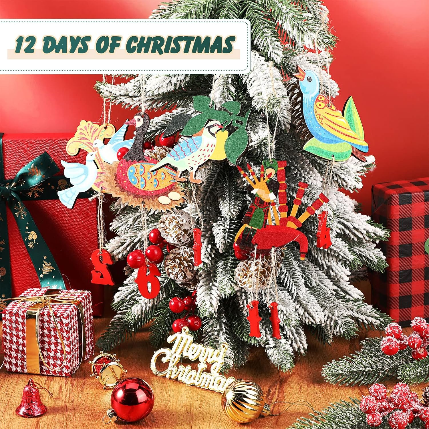 12 Pieces 12 Days of Christmas Ornaments Set Wooden Christmas Ornament 3.15 Inch Colorful Xmas Twelve Days of Christmas Ornaments Hanging Christmas Ornaments for Christmas Tree (Irregular Style) image number 2