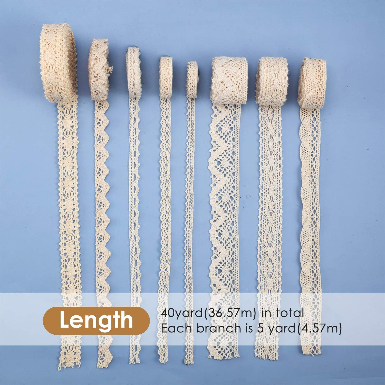 Tatuo 40 Yards Cotton Lace Trim Vintage Ribbon Crochet Cotton Lace Scalloped Edge for Bridal Wedding Decoration Christmas Package DIY Sewing Craft Supply, 5 Yards Each, 8 Styles(Beige) - Beige image number 2