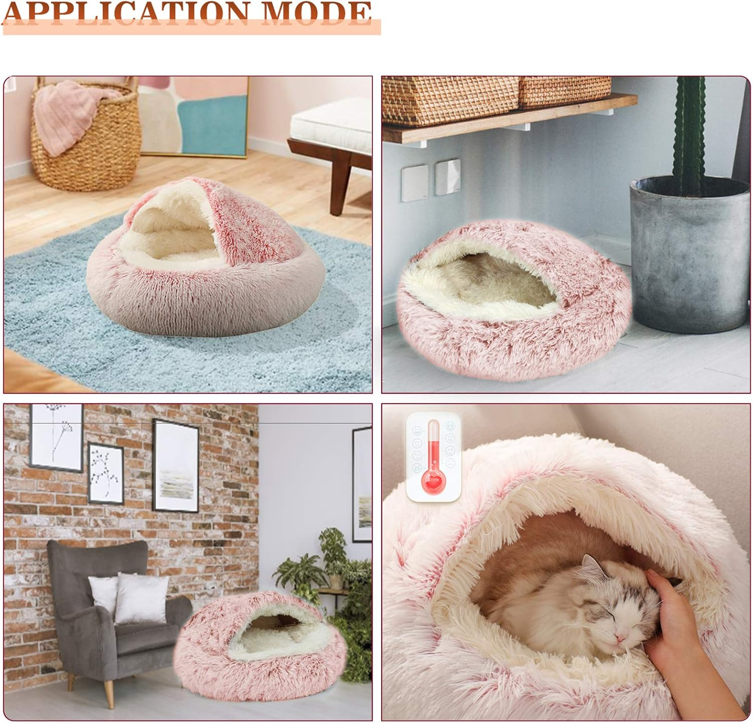 KWEWIK Cat Bed round Soft Plush Burrowing Cave Hooded Cat Bed Donut for Dogs & Cats, Faux Fur Cuddler round Comfortable Self Warming Pet Bed, Machine Washable, Waterproof Bottom, Small, Pink image number 6