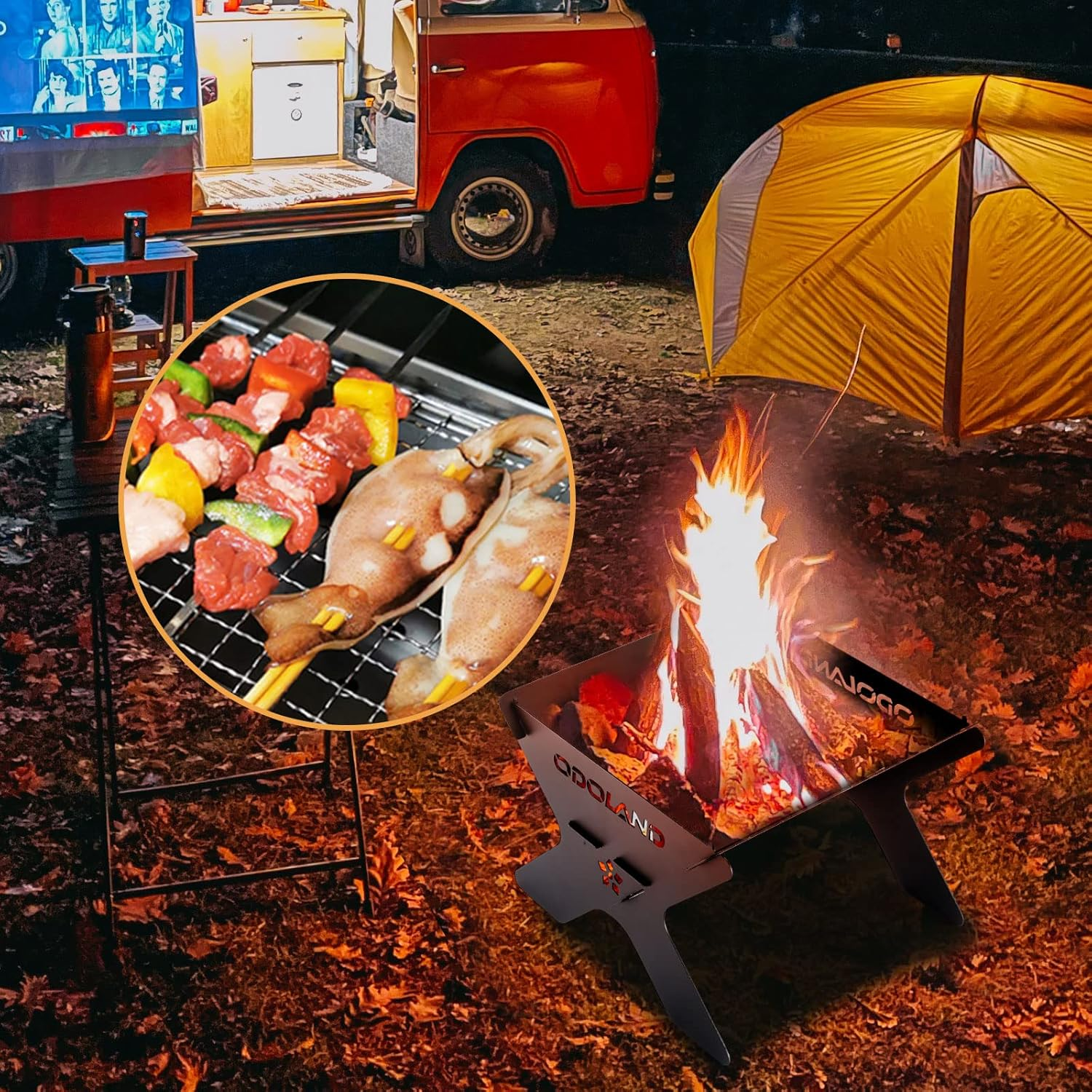 Odoland Camping Fire Pit, Portable Fire Pit for Camping, 2 in 1 Wood Burning Fire Grill with Detachable Cooking Grate for outside BBQ, with Carry Bag image number 4