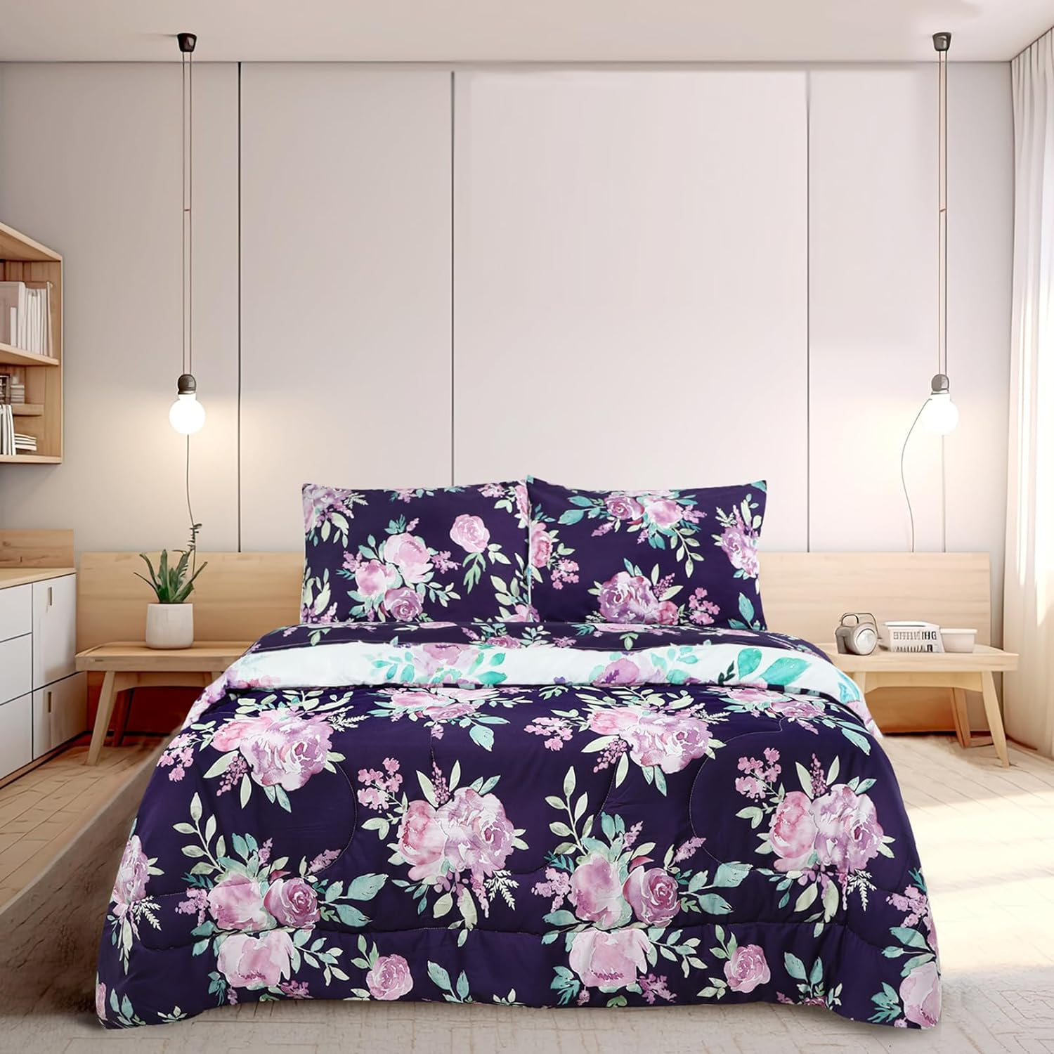TANOFAR Queen Comforter Set, Purple Bedding Comforter Sets, All Season Bed Set Queen Size, 3 Pieces, 1 Soft Reversible Flowers Comforter and 2 Pillow Shams, Cozy & Lightweight image number 5