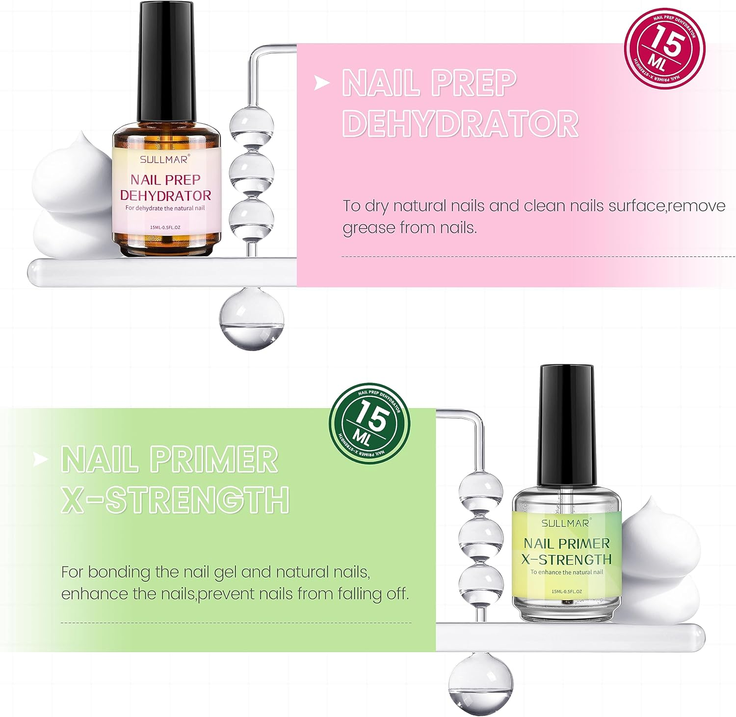 SULLMAR Nail Prep Dehydrator & Nail Primer X-Strength Kit, 2Pcs Nail Dehydrator and Primer Profession Nail System Enhance Nail Bonding Nail Primer and Dehydrator for Acrylic Nails image number 6