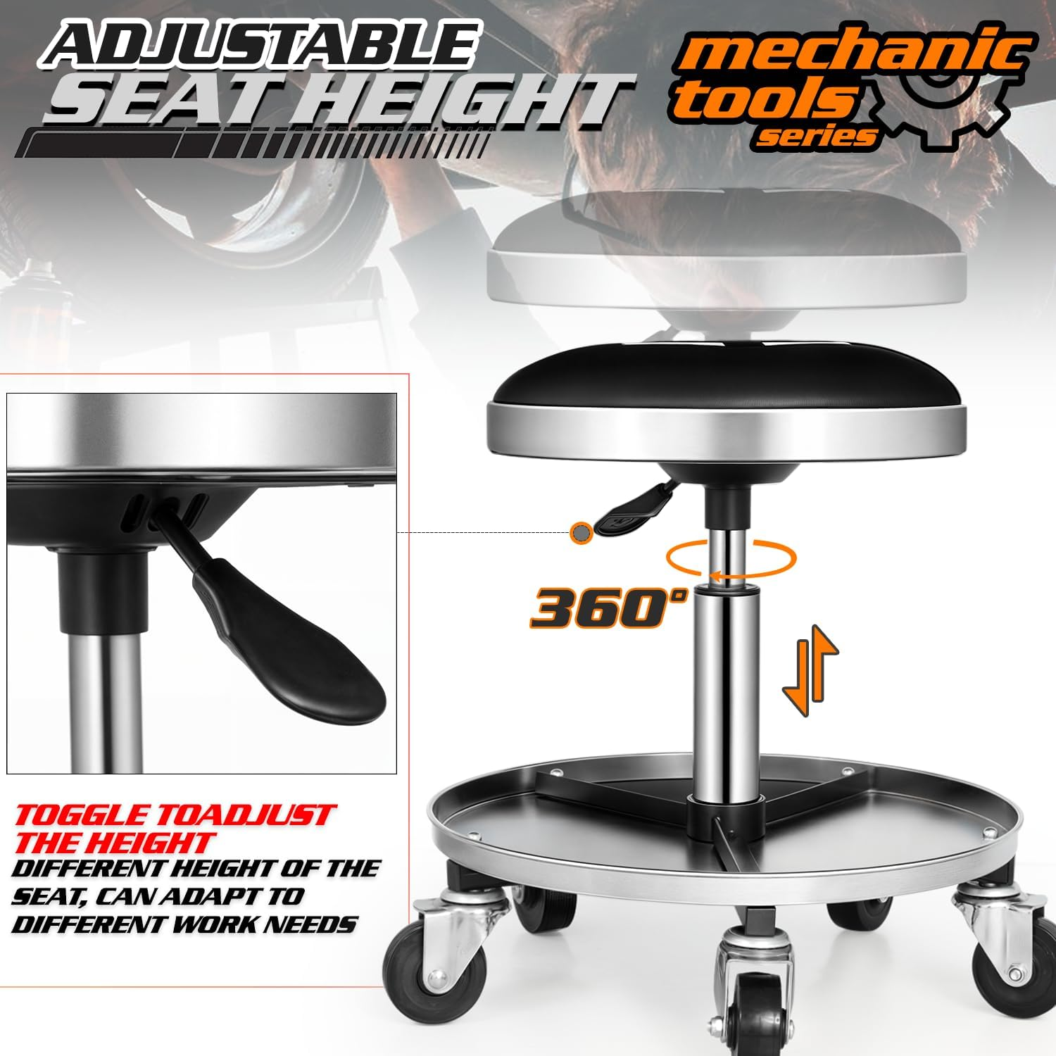 M-AUTO Pneumatic Rolling Mechanic Stool with Wheels 250-Pound Capacity Creeper, 18" to 23" Adjustable Height Mobile Garage Shop Seat with Detachable Tool Tray Storage, Black image number 6