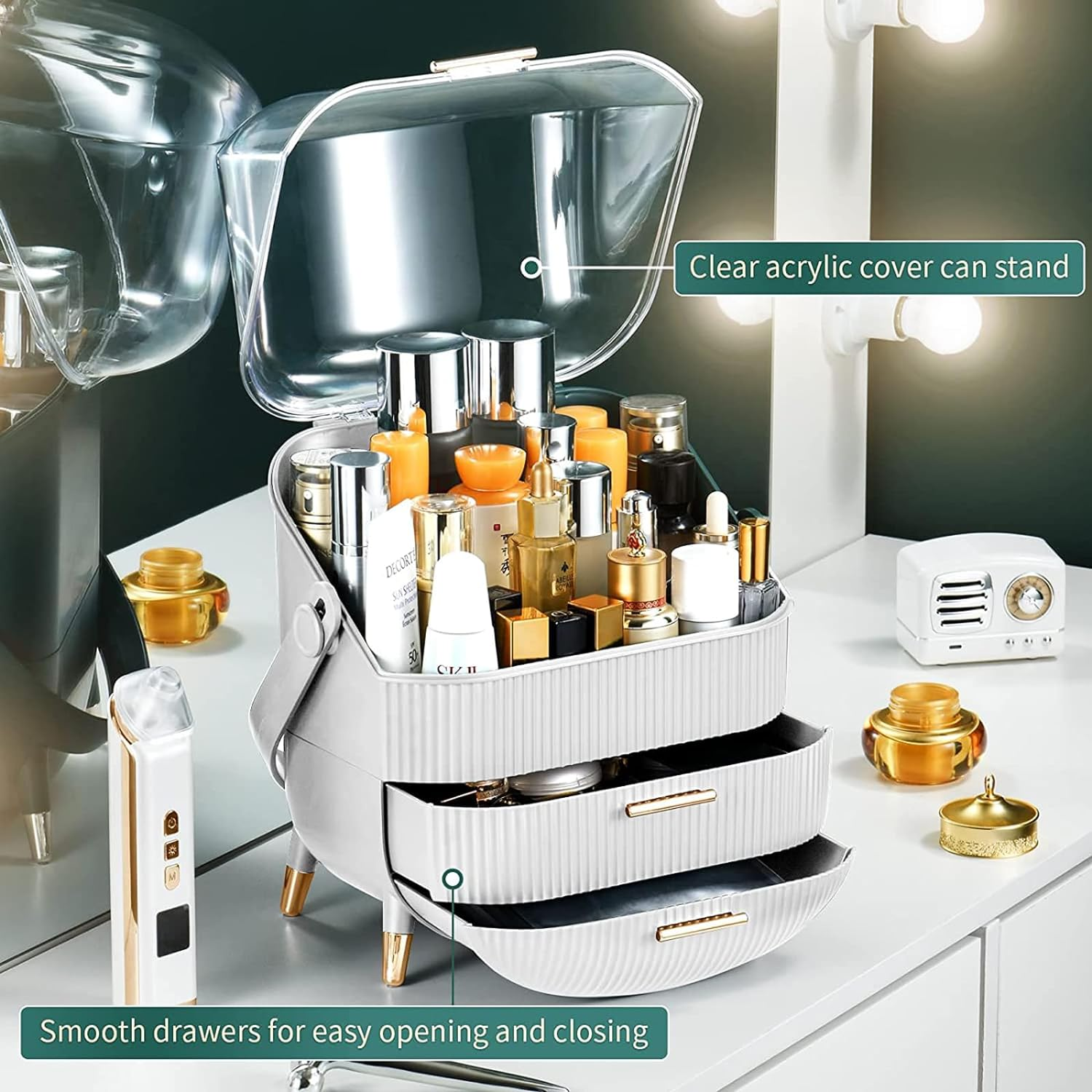 Uandhome Makeup Storage Organizer, Waterproof Cosmetics Display Case Dustproof Makeup Storage, Box Portable Handle Skincare Holder for Bedroom Vanity Desk Bathroom Desktop image number 6