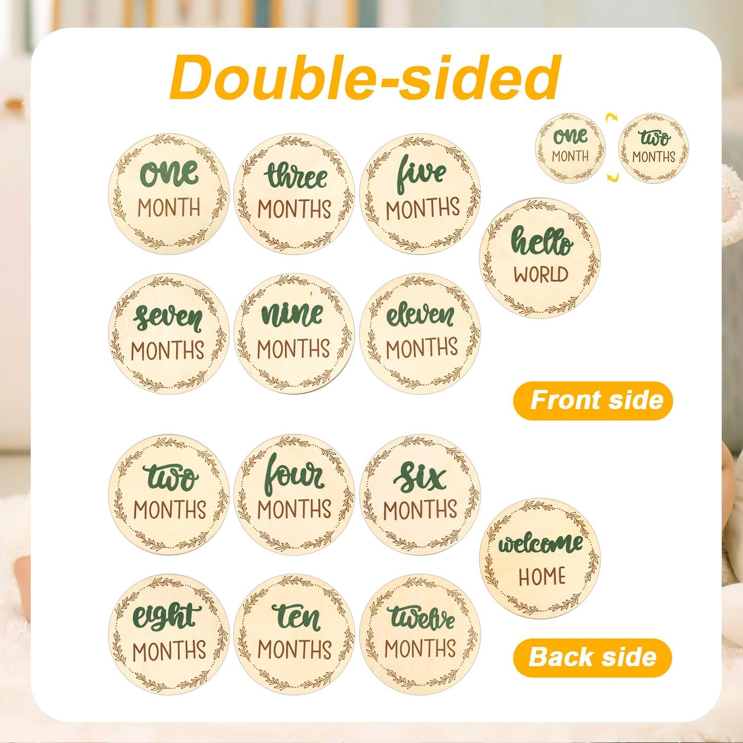 7Pcs Wooden Baby Monthly Milestone Cards, Baby Months Signs Double-Sided Baby Growth Signs Monthly Discs Monthly Photo Props Monthly Markers for Baby Practical Supplies to Record Growth image number 2