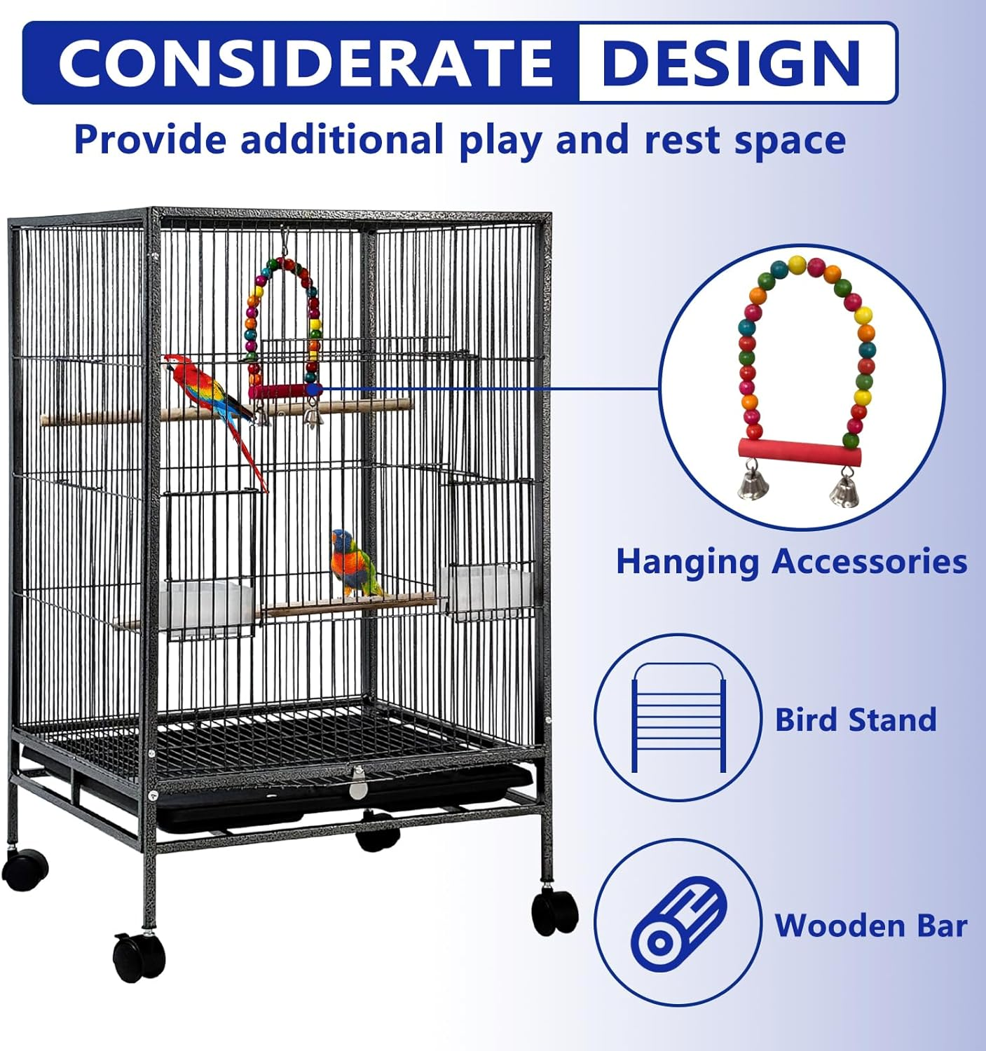 30 Inch Height Wrought Iron Bird Cage with Rolling Stand for Conures Lovebirds Cockatiels Finches, Black