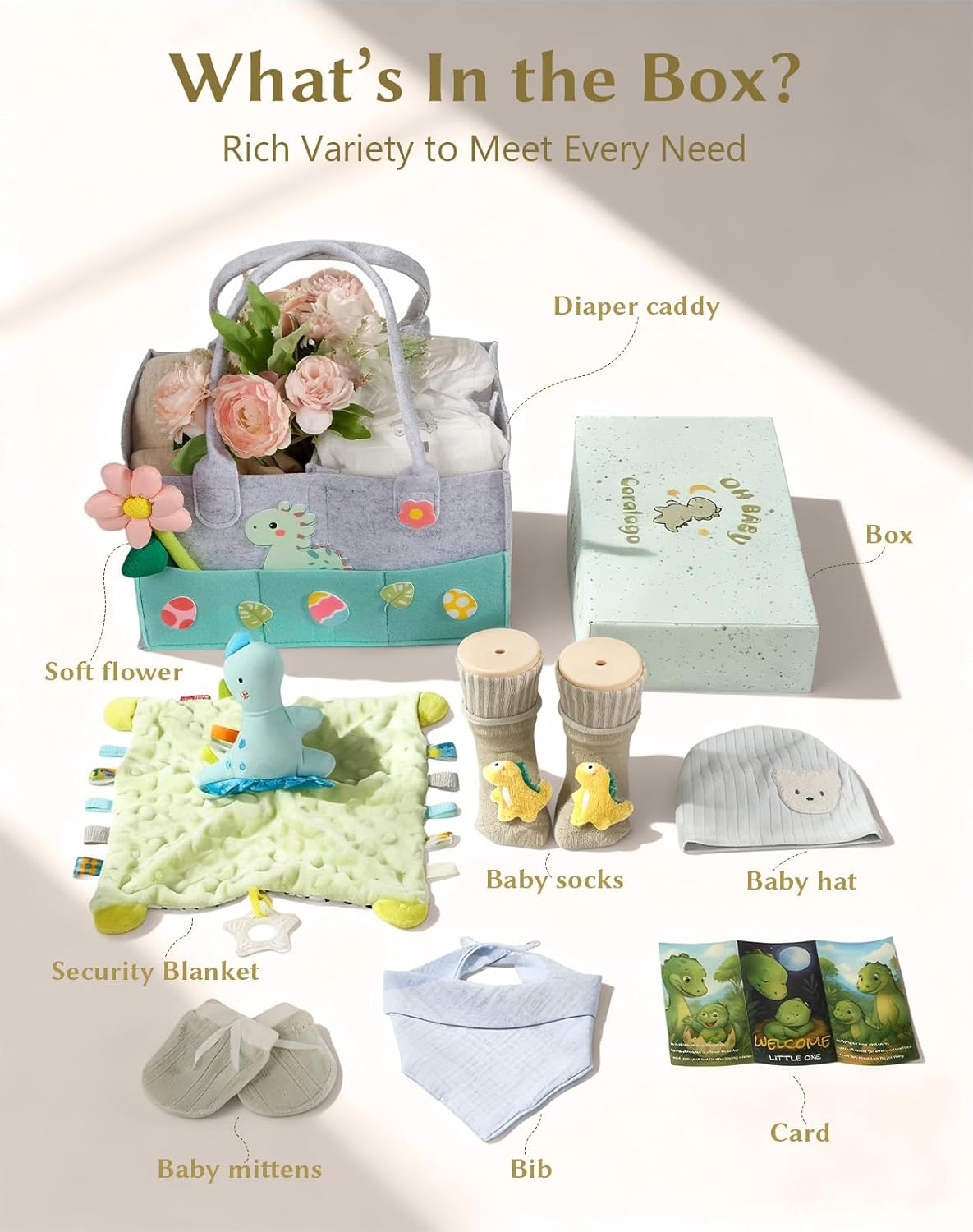 Coralogo Baby Shower Gift Basket - Baby Gift Set with Practical Diaper Caddy, Gifts for New Mom, Gender Reveal Gifts, New Born Essential Include Security Blanket Hat Bib Socks Mittens, Boy image number 4