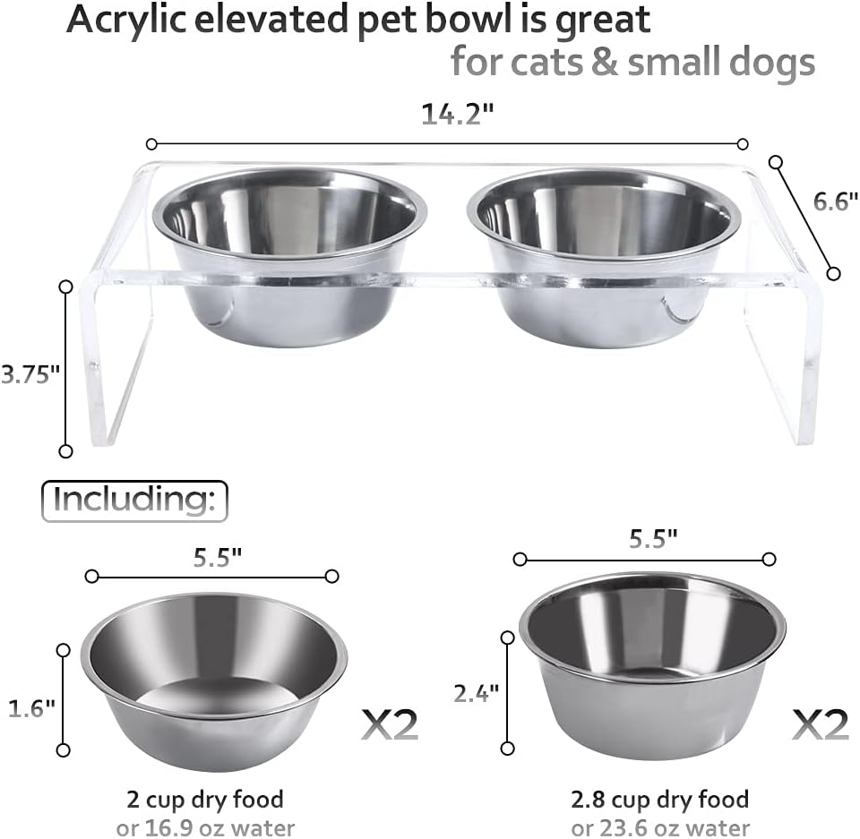 Acrylic Elevated Dog Cat Bowls Pet Feeder Double Bowl Raised Stand Comes with 4 Removable Stainless Steel Bowls. Perfect for Cats Puppies Small Dogs, 3.75 Inch image number 1