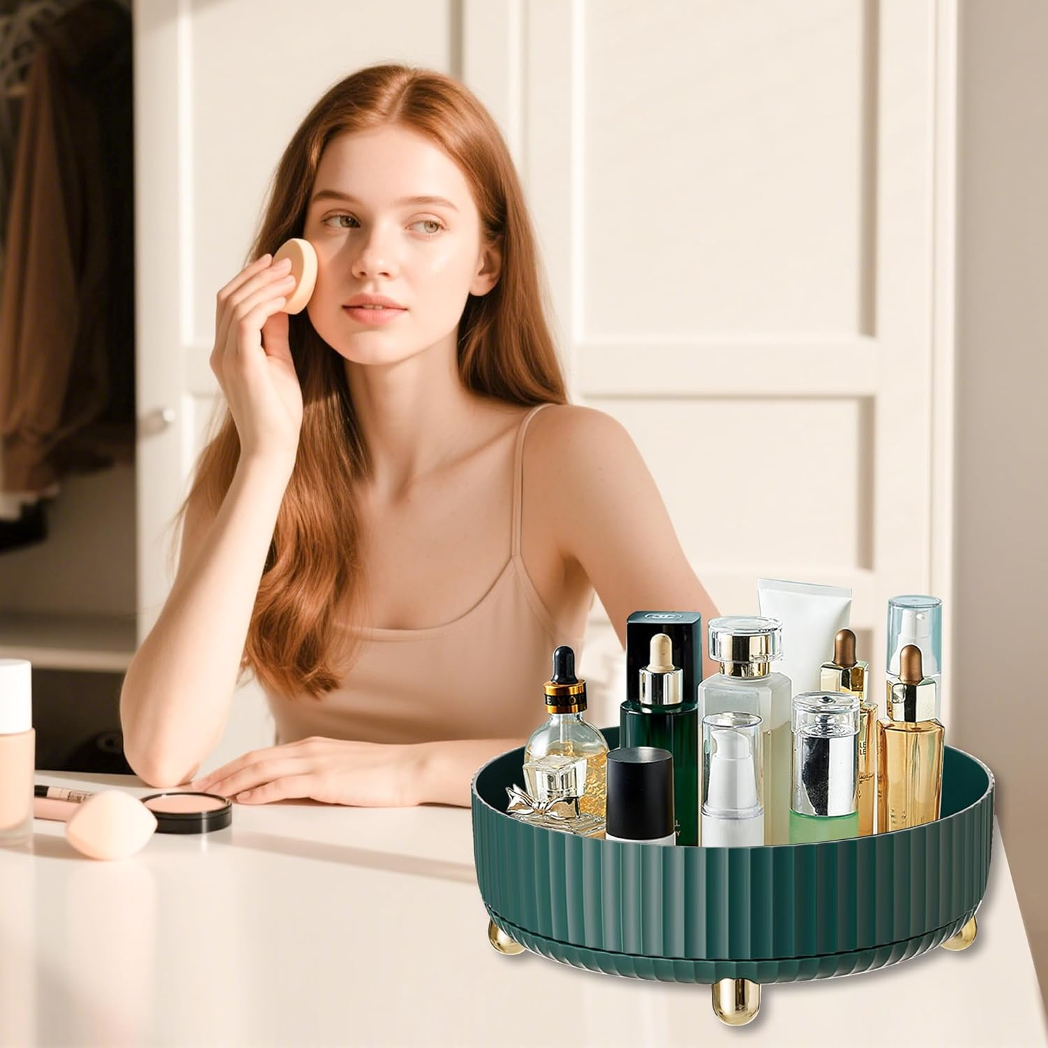 Lacusmall Rotating Makeup Organiser, 360 Rotating Organiser Spinner Tray, Rotating Lazy Susan Organizer Is Perfect for Optimizing Storage in Bedroom Dresser or Vanity Countertop, Green - Orange image number 7