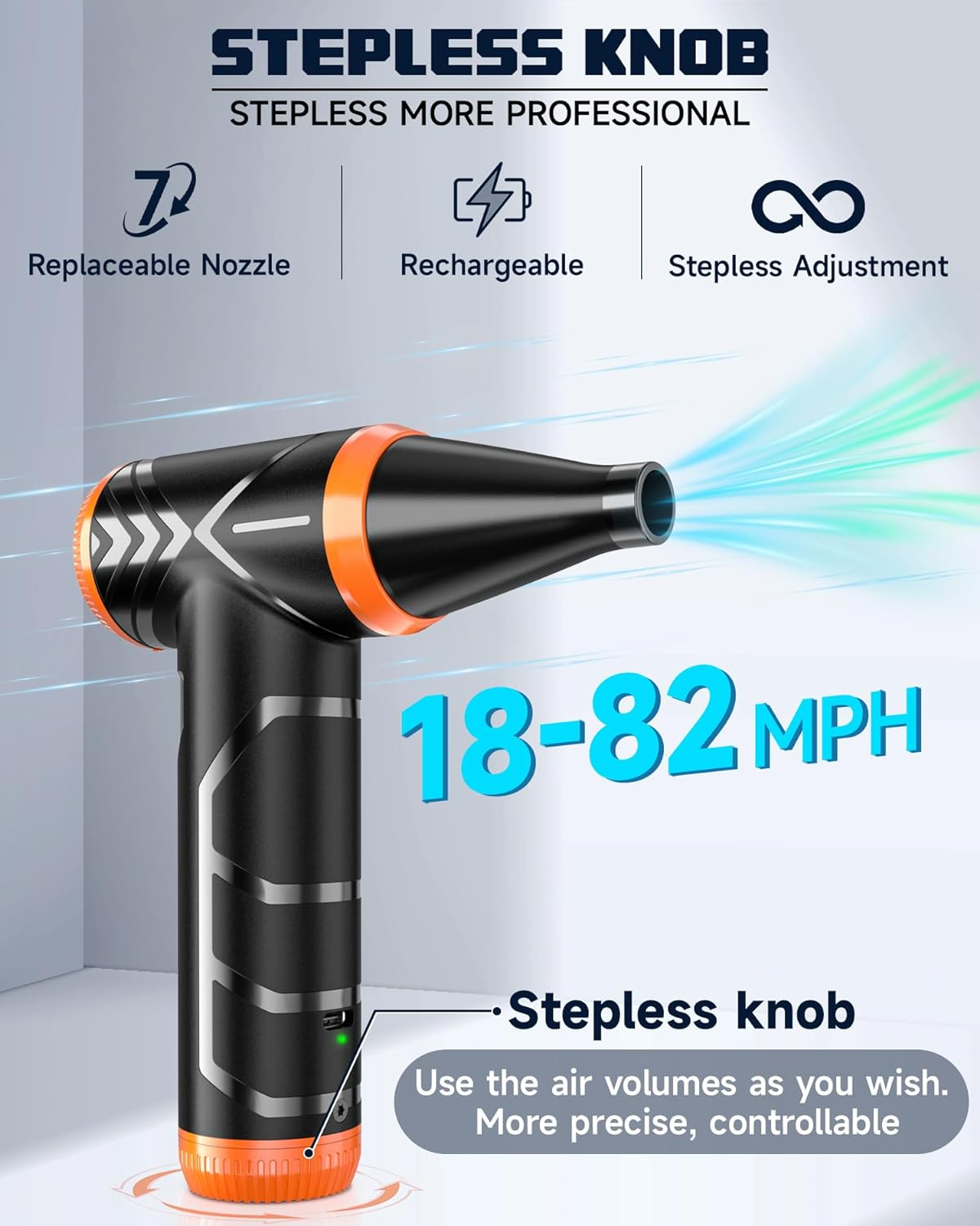 Compressed Air Duster, 150000RPM Stepless Speed Tiny Electric Cleaner for Keyboard, PC Deep Cleaning, Replace Compressed Air Can-No Canned Air Duster, Rechargeable Air Blower - Vibrant Orange