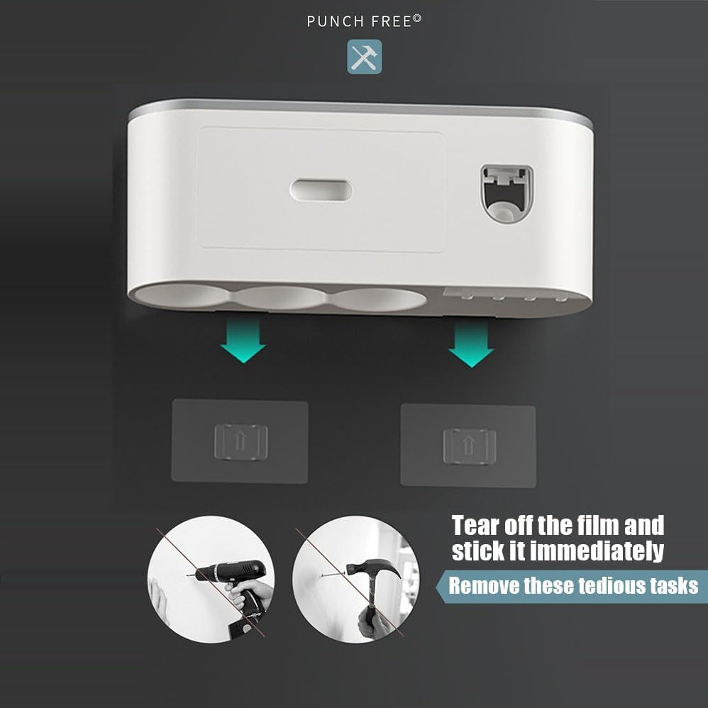 Bathroom Wall Mounted Double Cup Toothbrush Holder, Punch-Free. Automatic Toothpaste Squeezer. Large Capacity Tray, Cosmetic Drawer. image number 3