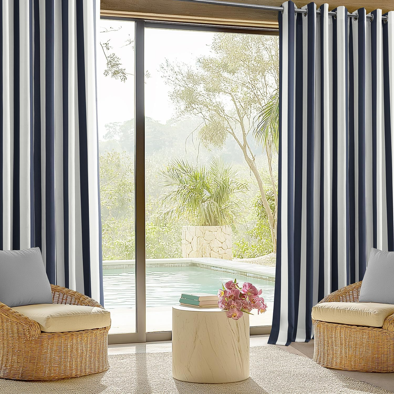 HPD Half Price Drapes Villanova Striped Grommet Outdoor Curtains for Patio (1 Panel) - UV & Water Resistant Light Filtering 200 GSM Polyester Curtains - 50W X 84L, Nautical Navy Blue Stripe image number 1