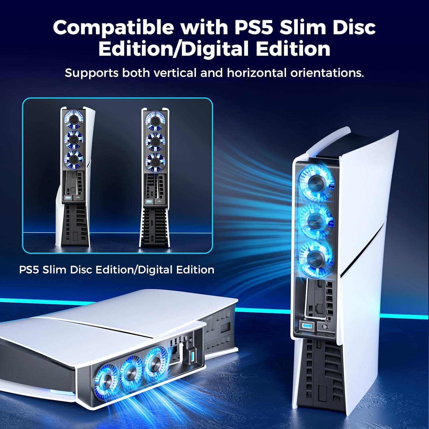 IINE PS5 Slim Cooling Fan, Silent Enhanced Cooling Fan for PS5 Slim Digital/Discs Edition, Quiet Cooling System for PS5 Slim with 3 Fans/Usb 3.0 Port, PS5 Slim Cooler Accessories image number 3