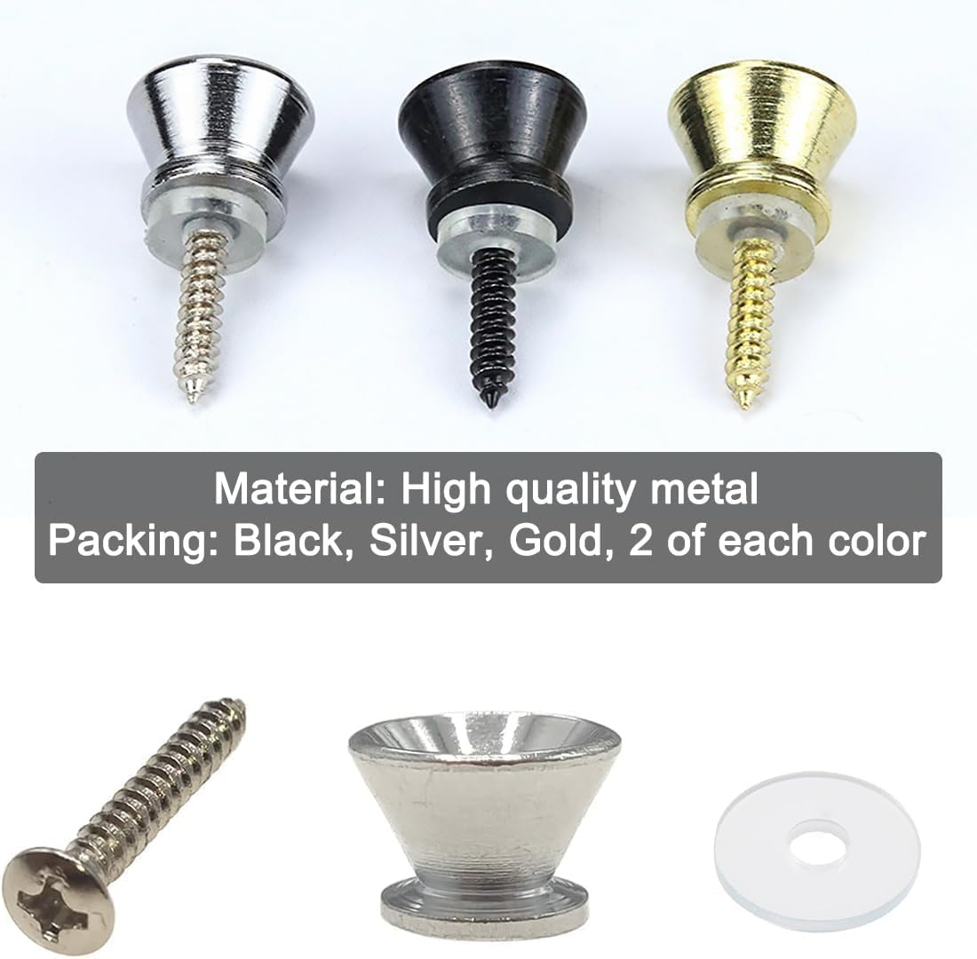 6 Pcs Guitar Strap Buttons Lock Pins, Guitar Metal Strap Buttons, Guitar Strap Locks Metal End Pins Flat Head for Acoustic Guitar, Electric Guitar, Bass, Ukulele(Gold, Silver, Black) image number 2