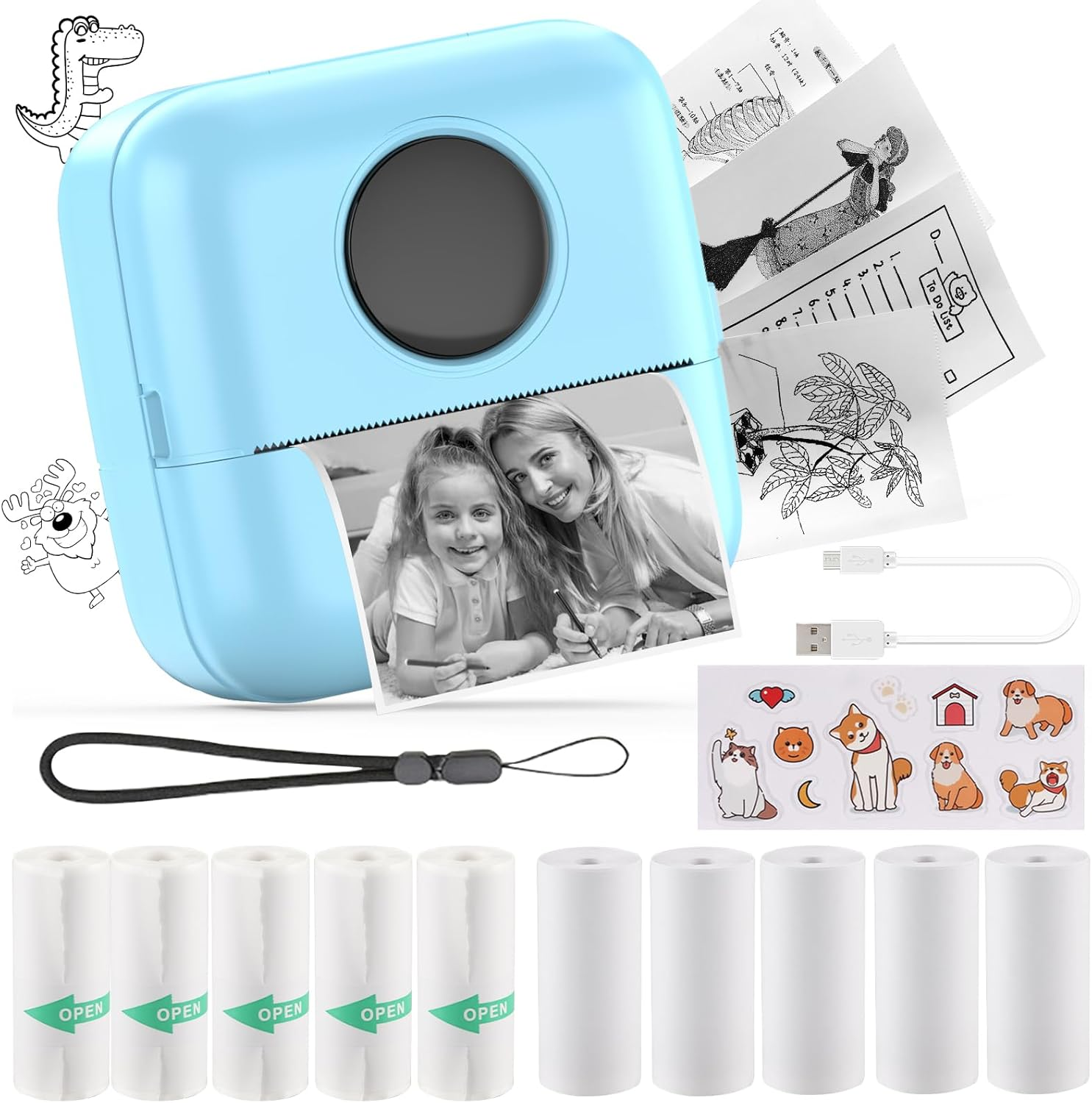 Huijukeji Mini Sticker Printer Bluetooth Smart Pocket Inkless Thermal Printer with 11 Rolls Thermal Paper and Sticker for Ios&Android, Portable Receipt Printer for Photo Journal Notes Memo