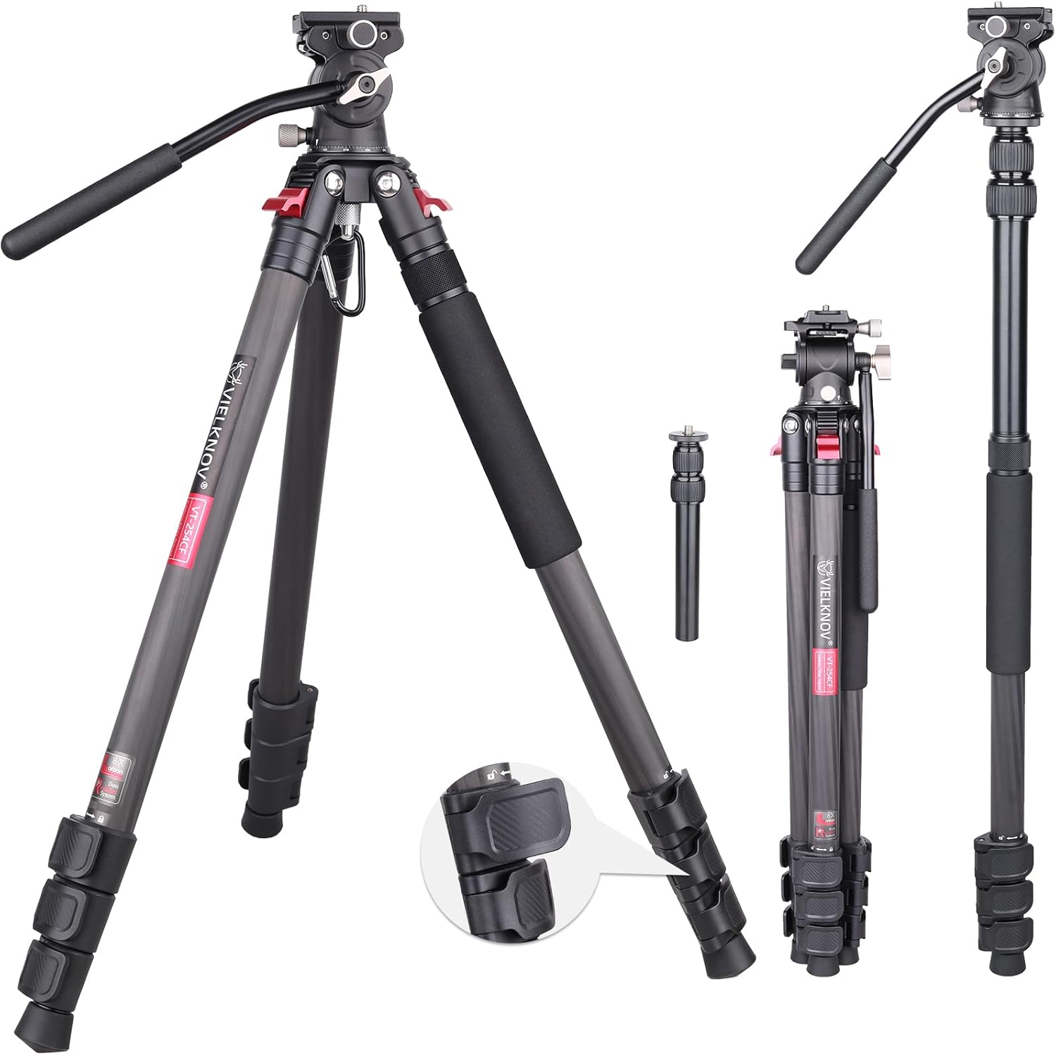 69.7" Lightweight Compact Carbon Fiber Tripod W/Detachable Monopod Video Head，Carbon Fiber Tripod, Lever Lock Professional Heavy Duty Camera Tripod Head image number 2