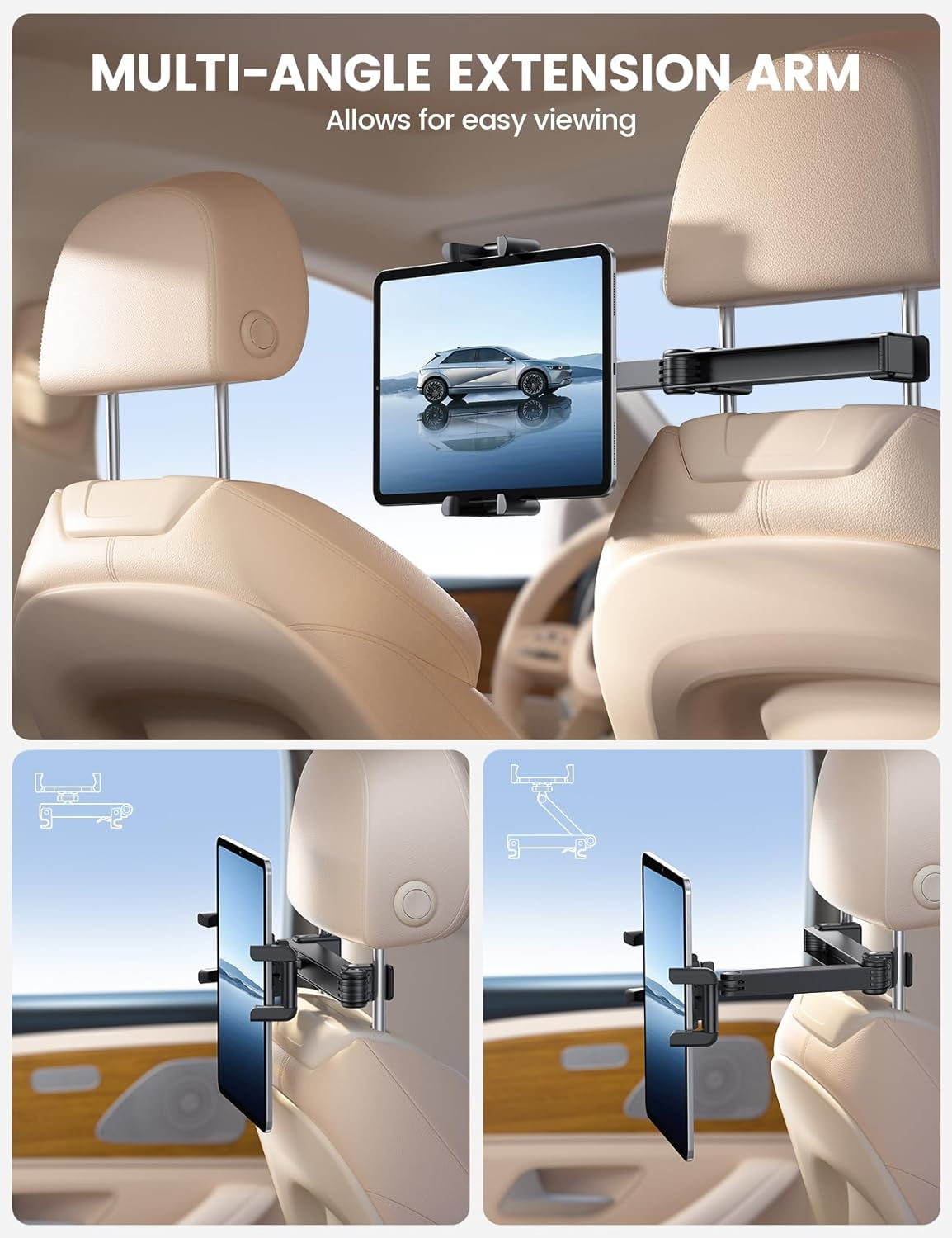 Lamicall Car Headrest Tablet Holder - [Thick Case Friendly] Ipad Mount for Car Backseat, Road Trip Essentials for Kids, for Ipad Pro, Air, Mini, Galaxy, Fire HD, More 6.1-13" Devices, Black image number 2