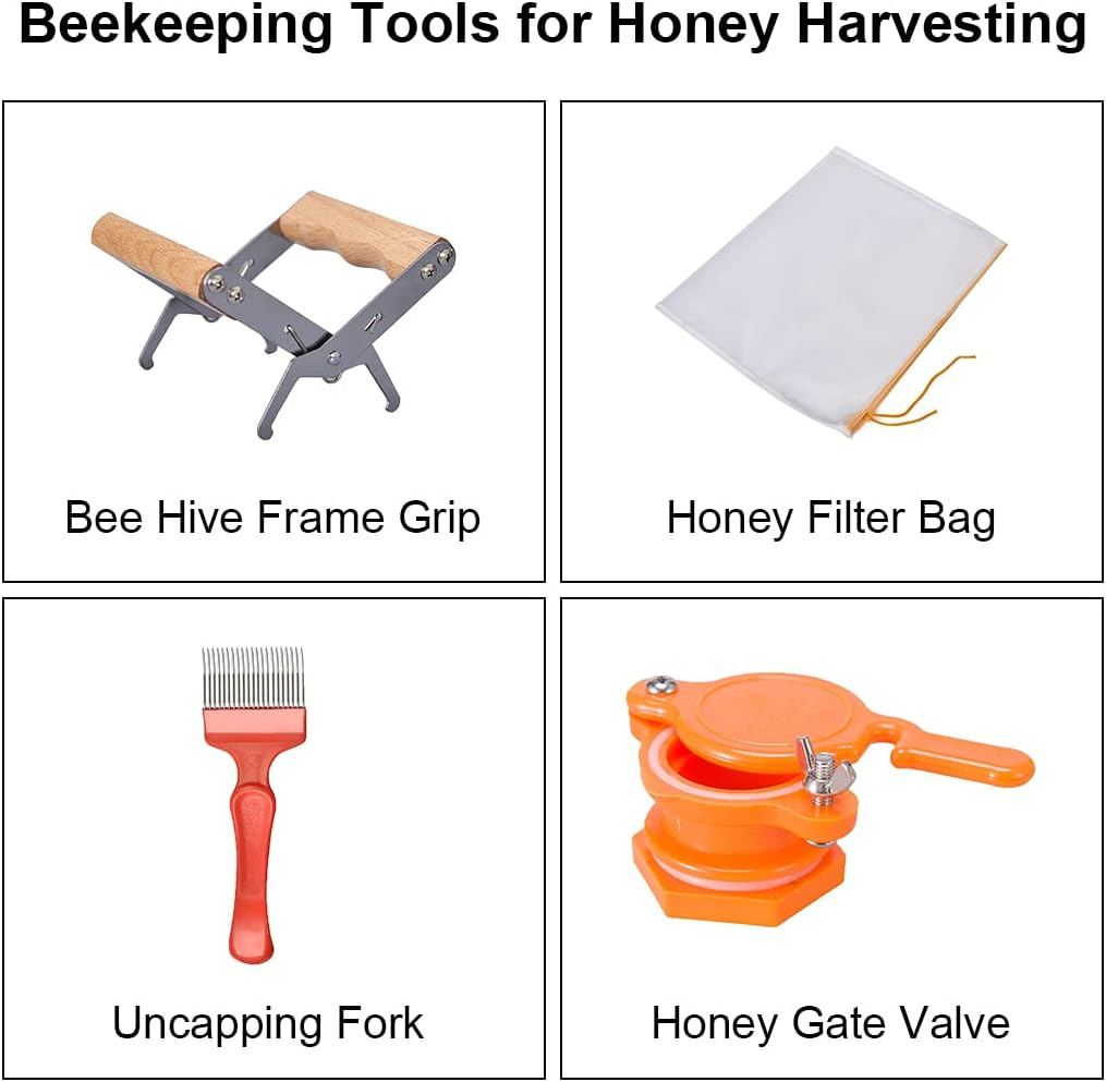 Honey Harvesting Honey Strainer Beekeeping Tool Kit, Set of 9, Double Honey Sieve Stainless Steel Honey Filter, Honey Gate, Frame Grip, Uncapping Fork, Queen Marker Tube, Feeder, Honey Filter Bag image number 3