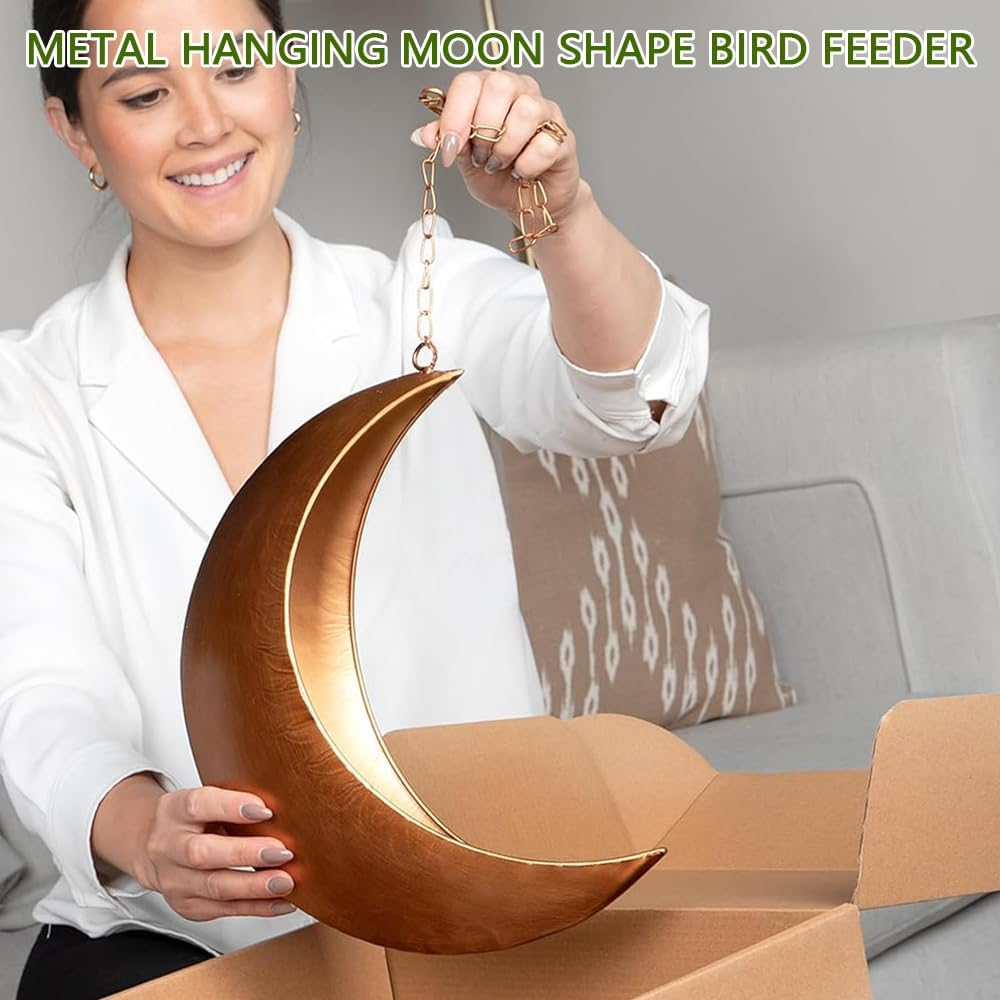 Hanging Crescent Moon Planter & Bird Feeder &ndash; Metal Hanging Decor with Drain Holes, Rust-Resistant Antique Gold Finish &ndash; Unique Moon Decor for Succulents, Air Plants, or Birdwatching image number 3