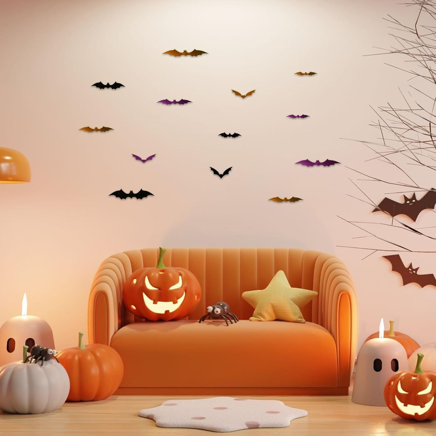 72 Pcs 3D Halloween Bats Wall Decor,Orange Purple Black Bat Decor,Scary Plastic Bat Wall Stickers for Home Windows Indoor Outdoor Porch Kitchen Bathroom Decor image number 2