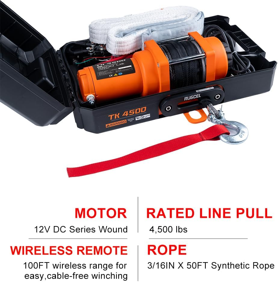 RUGCEL WINCH 12V DC Electric Portable Utility Winch 4500Lb/2041Kg Single Line Pull with Steel Mounting Plate, Integrated Hawse Fairlead and Synthetic Rope,Wiress Remote image number 6