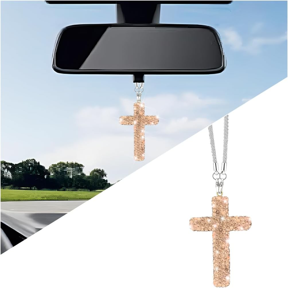HZEL Bling Car Hanging Ornament, Cross Crystal Rhinestone Vehicle Rear View Mirror Pendant, Diamond Religious Rearview Mirror Decoration Charm, Universal Automotive Interior Accessories (White)