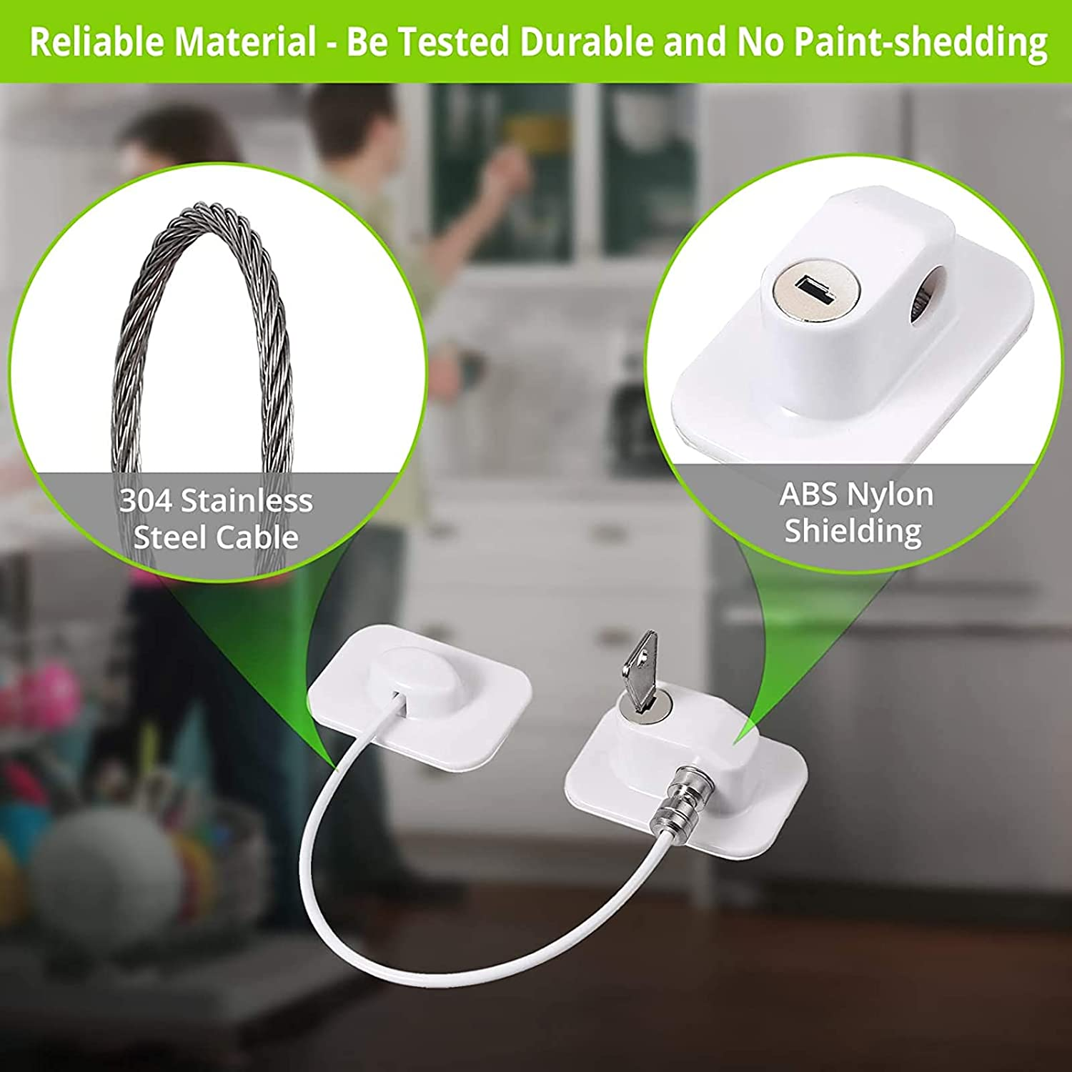 2Pcs Refrigerator Door Locks with 2 Keys Stainless Steel Zinc Alloy Strong Adhesive Lock Protect Baby Kids Safe for Windows Kitchen Cabinets Cupboard Refrigerator Drawer (White) image number 2