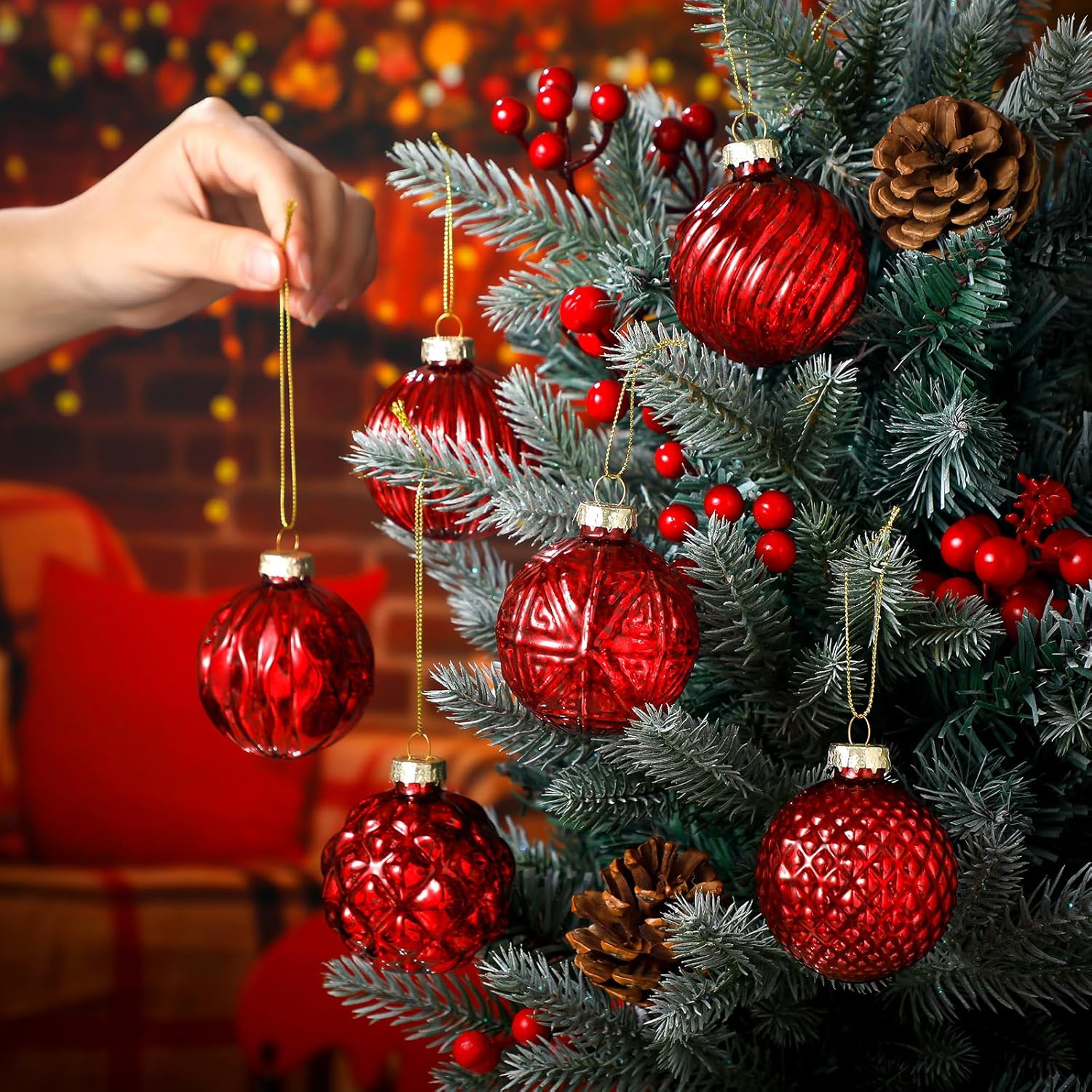 Jenaai 12 Pcs 2.36 Inch Christmas Ball Ornaments Glass Christmas Tree Decorations Hanging Xmas Decorations for Trees Party Wedding Holiday, 6 Style(Red) image number 3