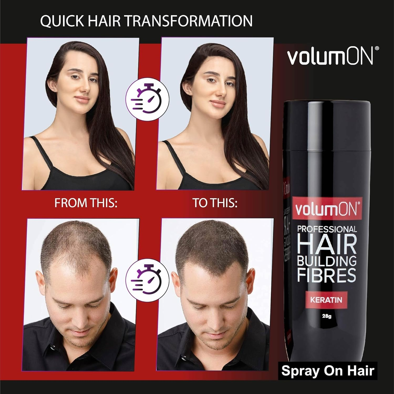 Hair Fibres VOLUMON Keratin Hair Building Fibres for Thinning Hair - Instantly Conceals Thinning Areas for Fuller Thicker Hair - for Men & Women 28G plus Hairline Optimiser & Applicator (Black) image number 2