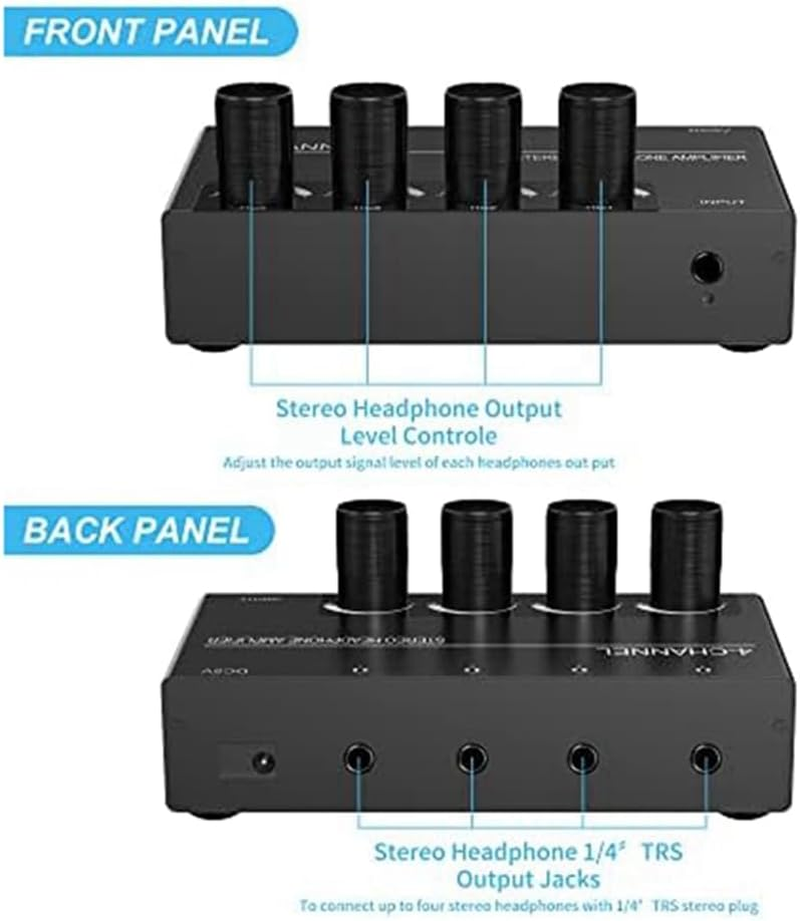 4 Channel Stereo Audio Amp Audio Amplifier Headphone Splitter with 4 3.5MM Headphone Output and 3.5MM Audio Input