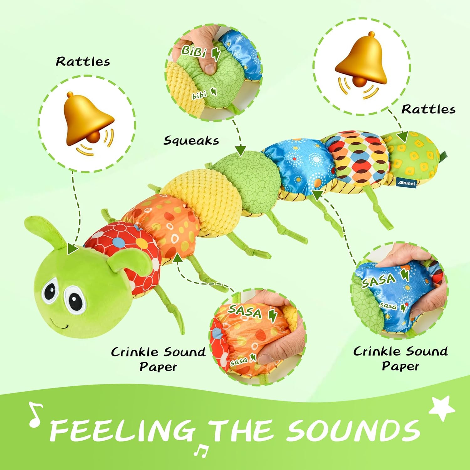 Baby Sensory Toy Stuffed Animal Activity Soft Toys with Multi-Sensory Crinkle, Rattle and Textures, Infant Toy for Tummy Time Newborn 0-3-6-12 Months Boys Girls, Caterpillar image number 1