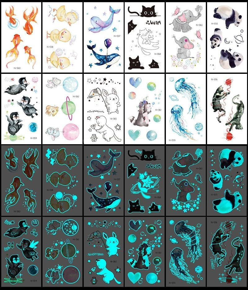 12 Sheets Glow in the Dark Tattoo Sticker Waterproof - Temporary Tattoos - Animal Cat Elephant Penguin Whale Minimalist Designs - Makeup Body Art Tattoo Sticker Pack for Adults Kids - 10.5X6Cm - Steadyink&reg; image number 2