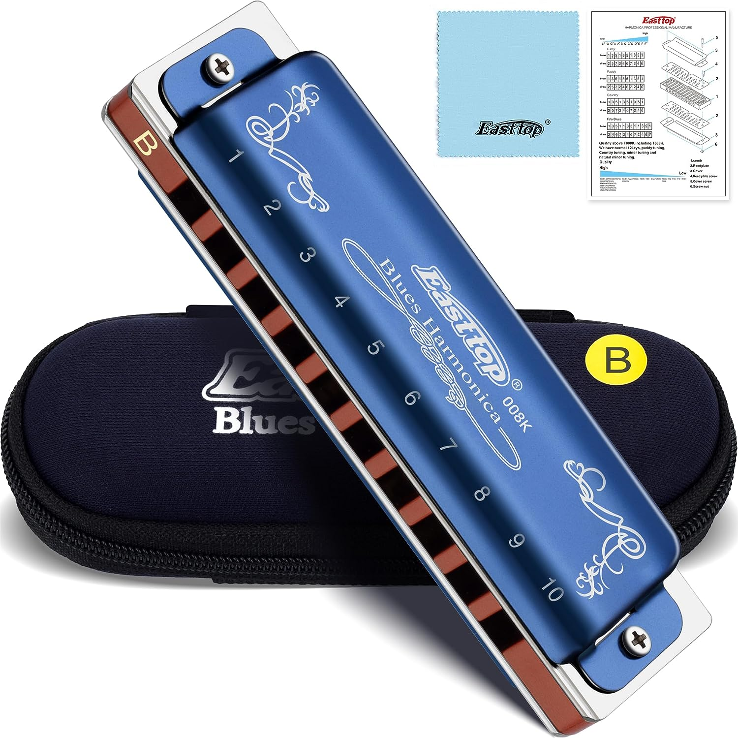 East Top Blues Harmonica Key of A, 10-Hole 20 Tones Mouth Organ Diatonic Harmonica with Blue Case, Standard Harmonicas for Adults, Professionals, Beginner, Students and Kids,As Gift