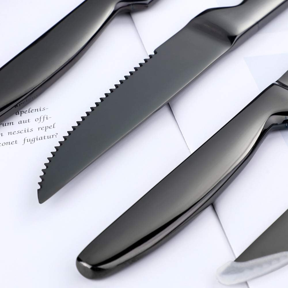 BYEGOU Stainless Steel Serrated Steak Knife Set of 6, Black Color Heacy Duty Dinner Table Knives for Cutting Meat, Beef, 8.6 Inch, Dishwasher Safe - Black image number 4