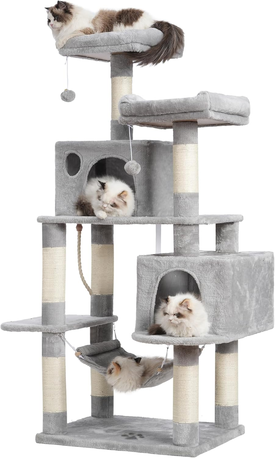 Hey-Brother Large Multi-Level Cat Tree Condo Furniture with Sisal-Covered Scratching Posts, 2 Bigger Plush Condos, Perch Hammock for Kittens, Cats and Pets Smoky Gray MPJ020G