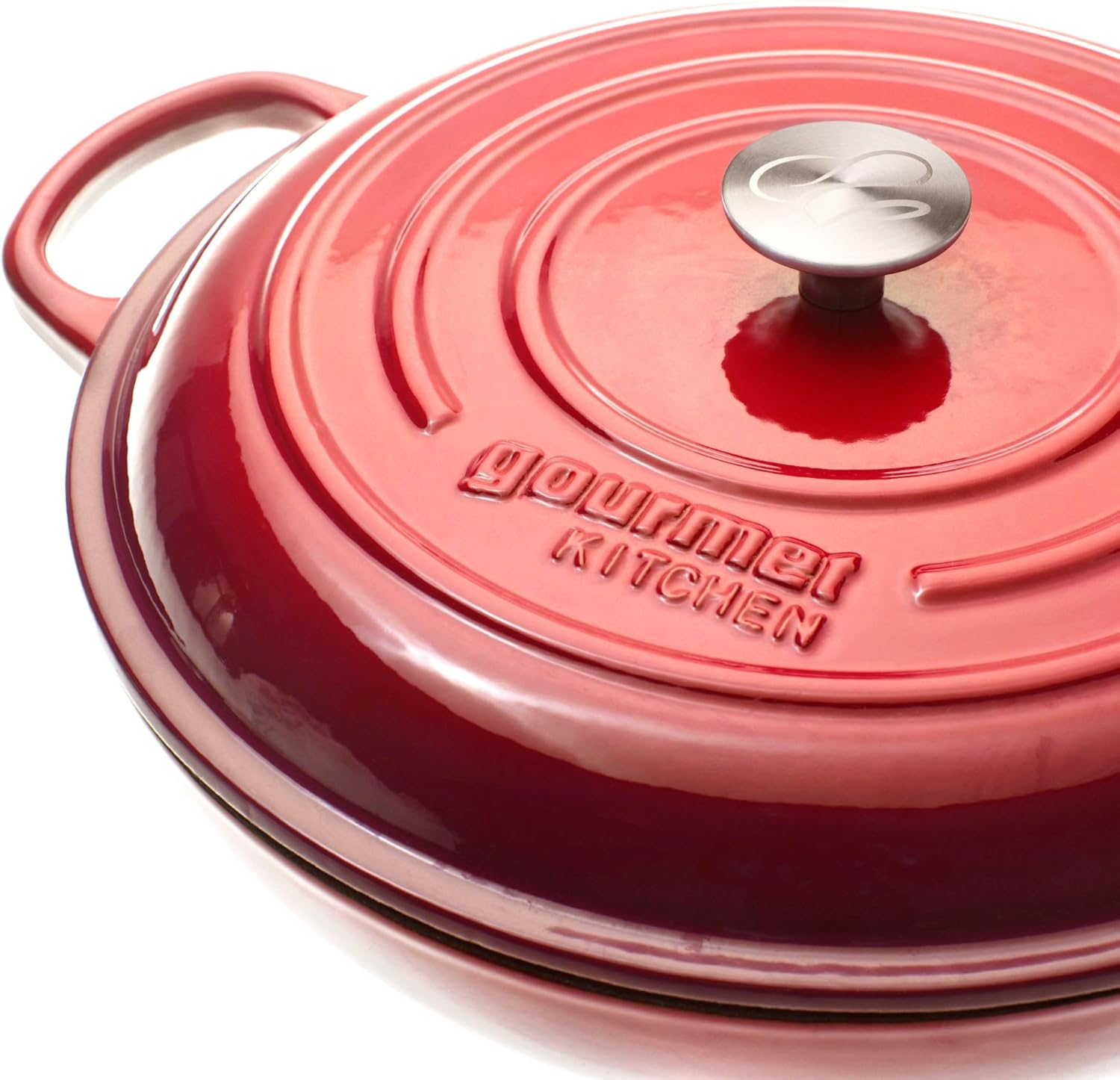 Gourmet Kitchen Cast Iron Shallow Casserole Dish with Lid Heat Resistant Knob Enamel Processing Oven Safe Dutch Oven Cookware High-Quality Non Stick Casserole 30Cm - Black Cherry Red - Eden Green image number 5