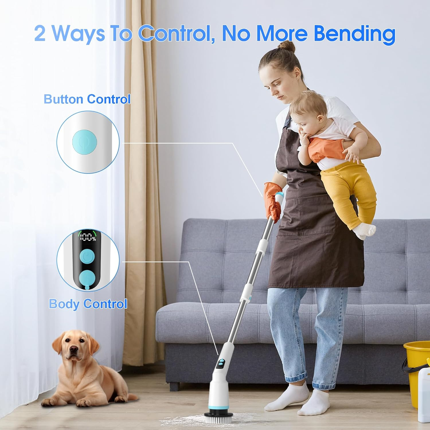 Kliburash Electric Spin Scrubber with Remote Control, IPX7 Cordless Cleaning Brush with 8 Brush Heads, 2 Adjustable Angles, Long Handle Power Scrubber for Bathroom, Shower,Bathtub,Floor-White image number 5