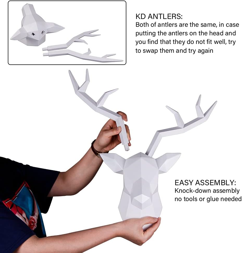 Deer Head Wall Decor Geometrical White Deer Antlers Wall Sculpture Faux Taxidermy Resin Wall Animal Head 19X7X17 Inches image number 5