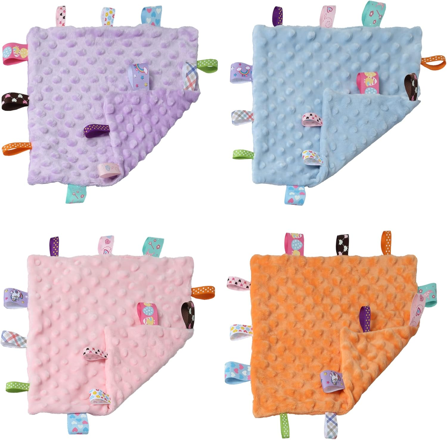 CREVENT Tag Security Blankets for Babies, Soft Small Loveys for Girls Boys, Baby Comforter Sensory Blanket, Great Gifts for Birthday Baby Shower (24.5X24.5CM Orange Tag)