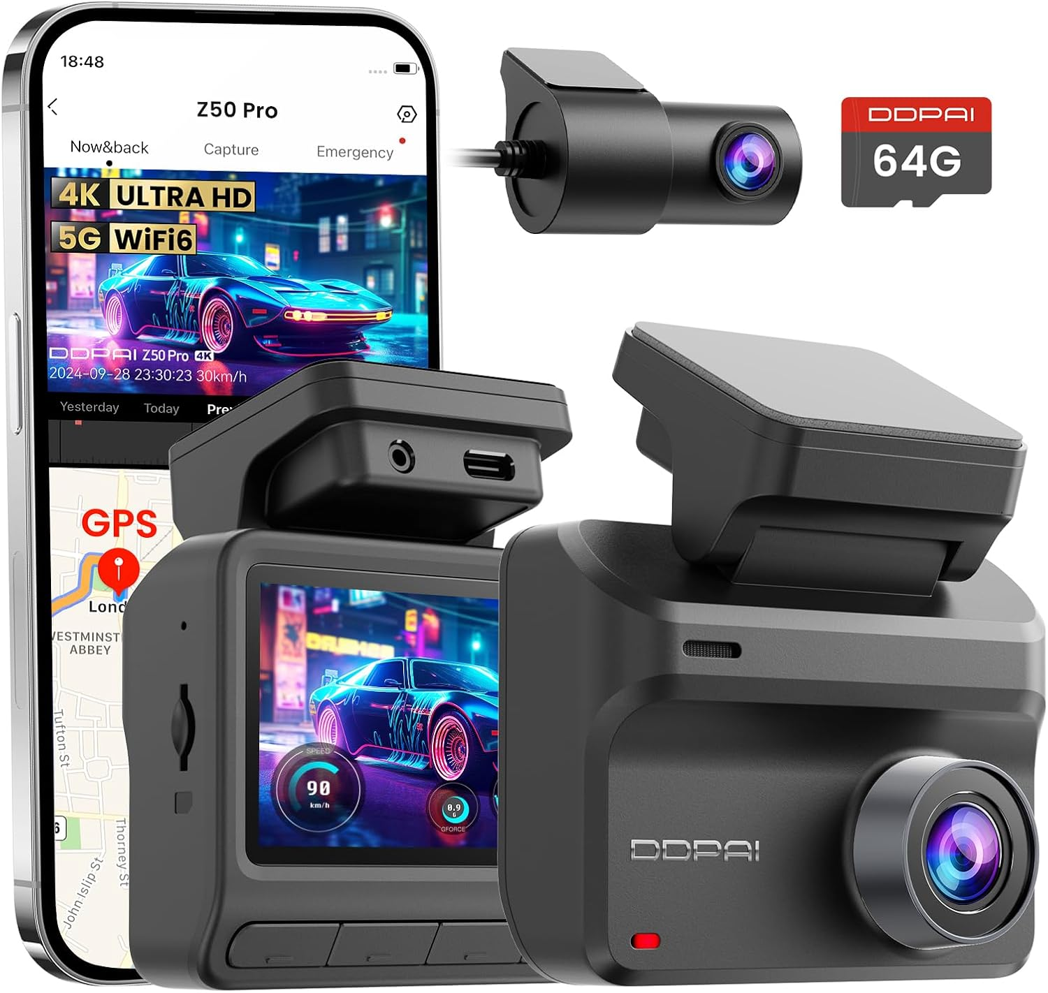 DDPAI Dash Cam Front and Rear 4K+1080P Dashcam for Car, Included 64GB Card, Built-In 5G Wi-Fi 6 GPS, 3'' IPS Screen, 48H Parking Mode, Super Night Vision, ADAS, Loop Recording, Z50 Pro image number 6