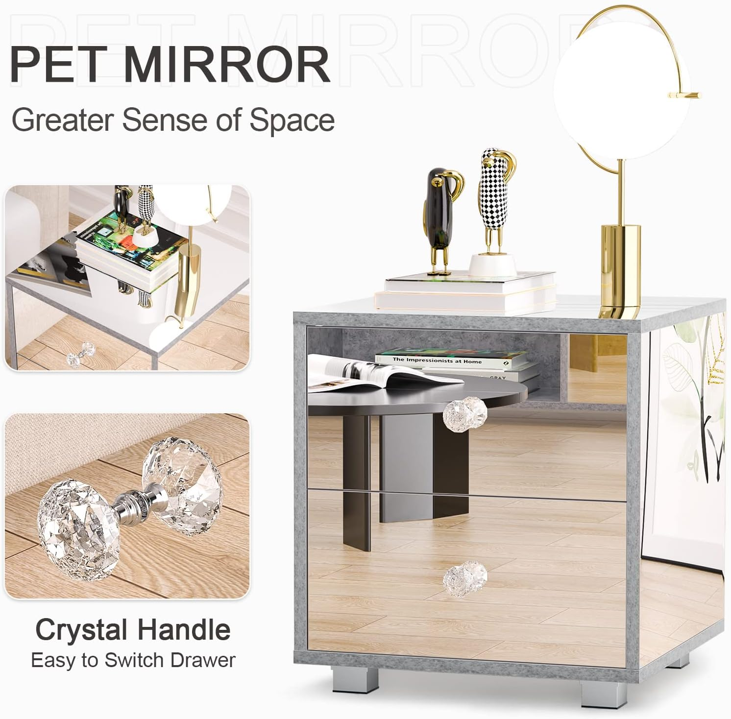 Ufurniture Mirror Bedside Table 2 Drawers Side Table Mirrored Nightstand for Bedroom Living Room image number 2