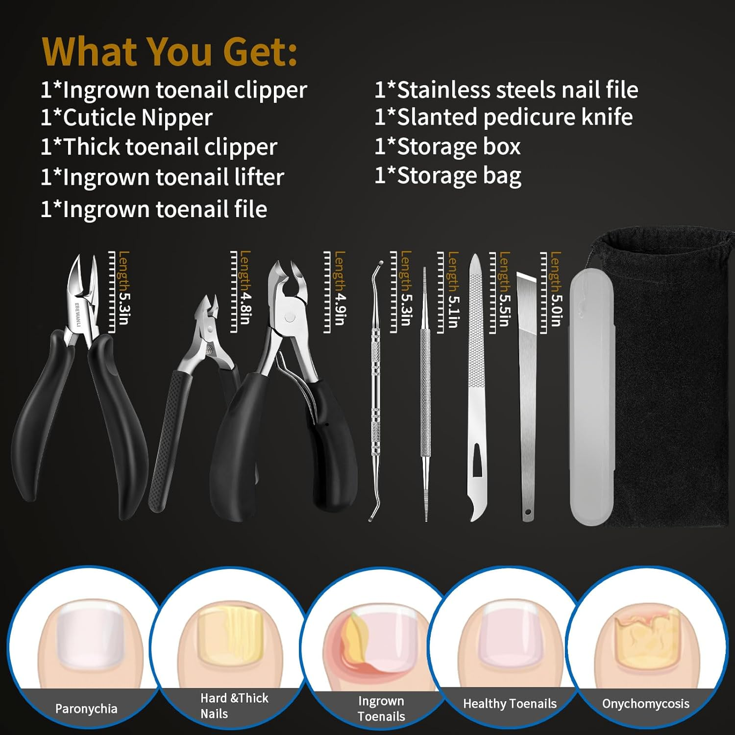 EBEWANLI Toe Nail Kit, 7PCS Pedicure Tools for Feet, Heavy Duty Toenail Clippers for Thick Toenails or Ingrown Toenail Removal, Professional Nail Nippers Cutters with Non-Slip Handle for Seniors image number 5