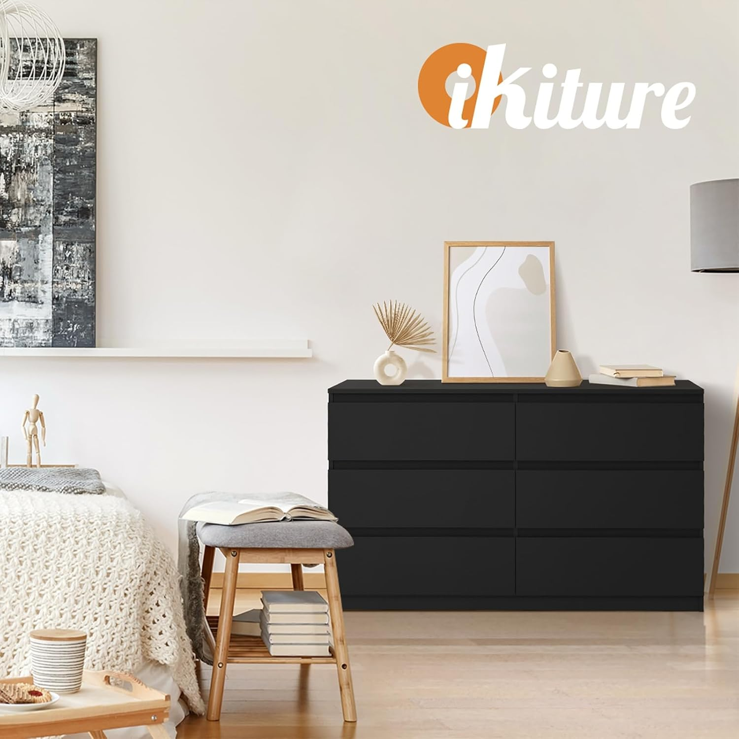 Oikiture Chest of Drawers with 6 Drawers Bedroom Dresser Black - White-Wood image number 2