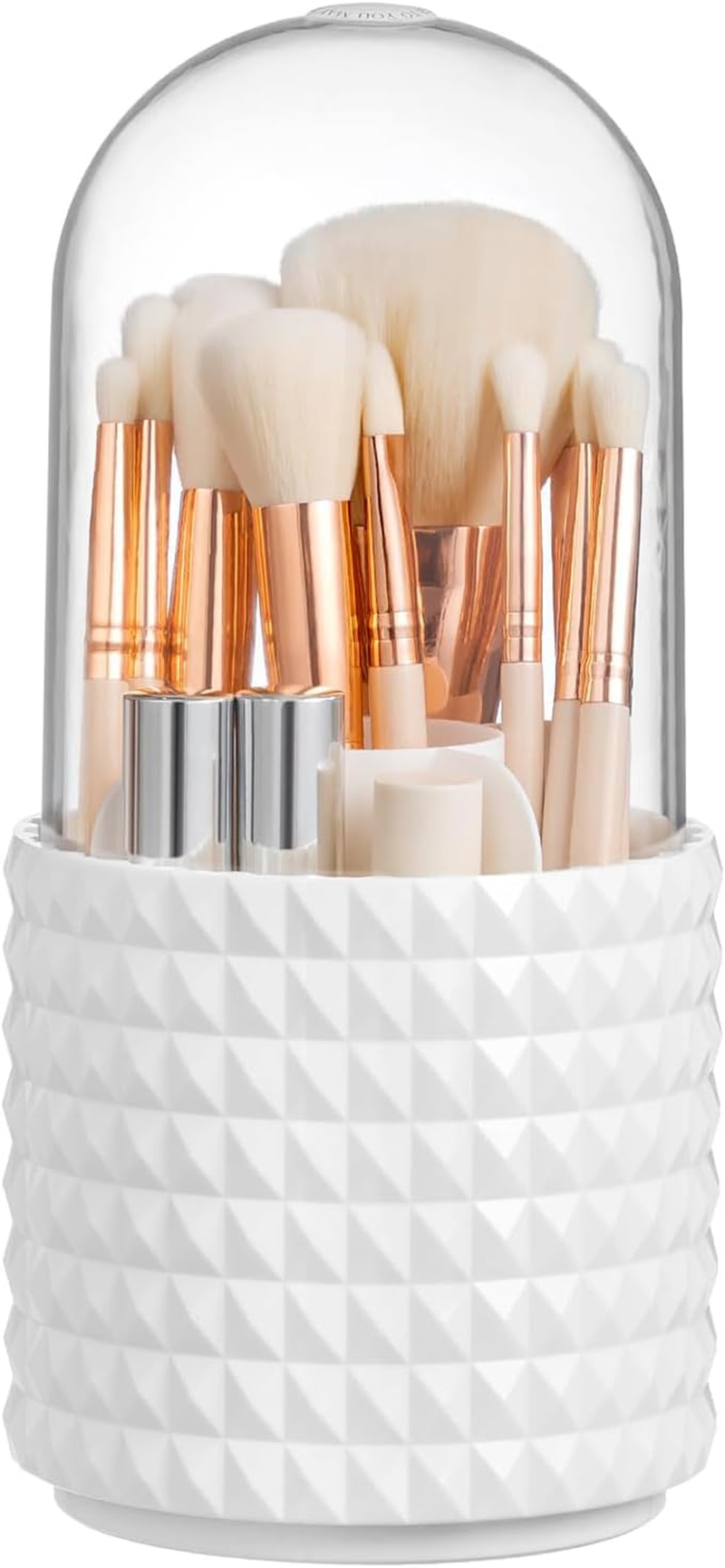 Makeup Brush Holder with Lid, 360 Rotating Makeup Brush Organizer with Cover, Cosmetic Organizer Dustproof, Makeup Brushes Container Spinning Brush Holder for Vanity (White-Lid)