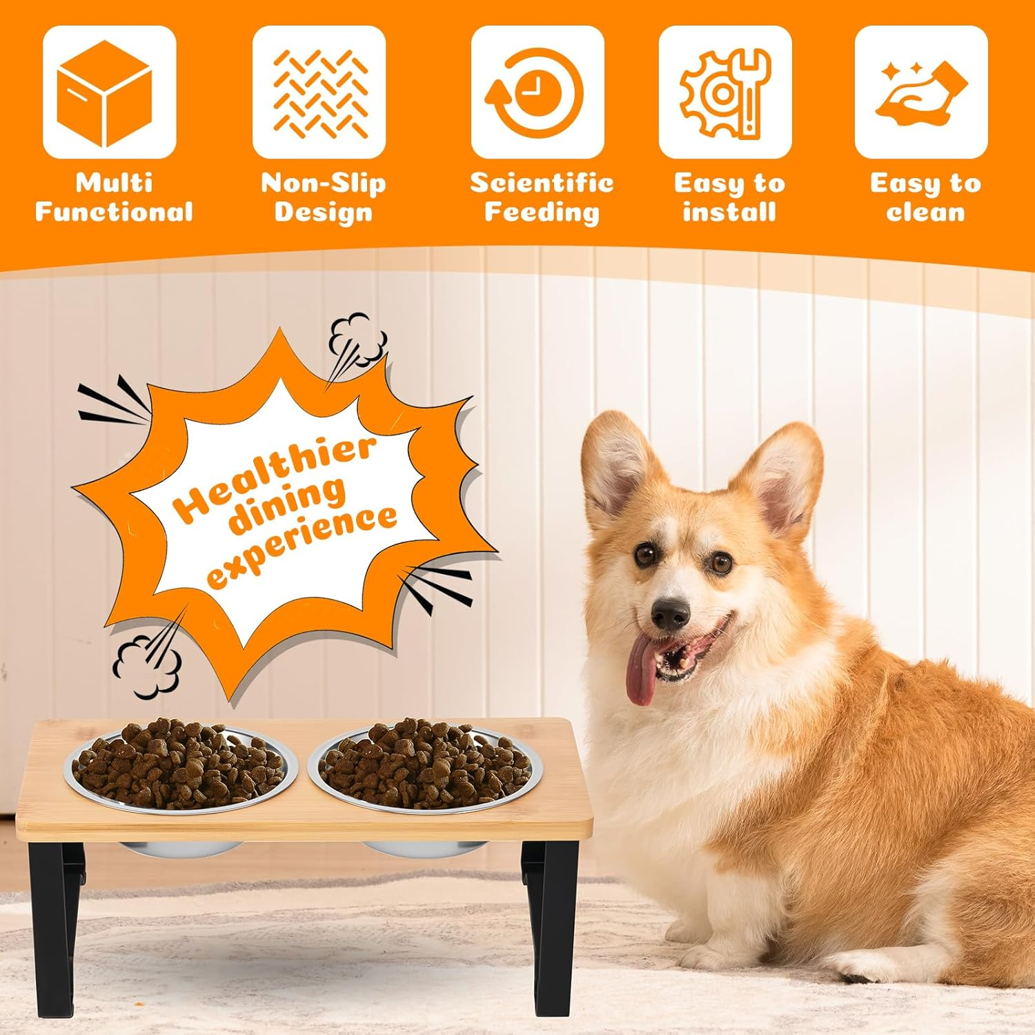 Elevated Cat Bowls, Raised Pet Stand with 2 Stainless Steel Bowls and Nonslip Mats, 15&deg;Tilted Stand anti Vomiting Raised Cat Dishes for Food and Water for Cats and Puppy (Style 2) image number 5