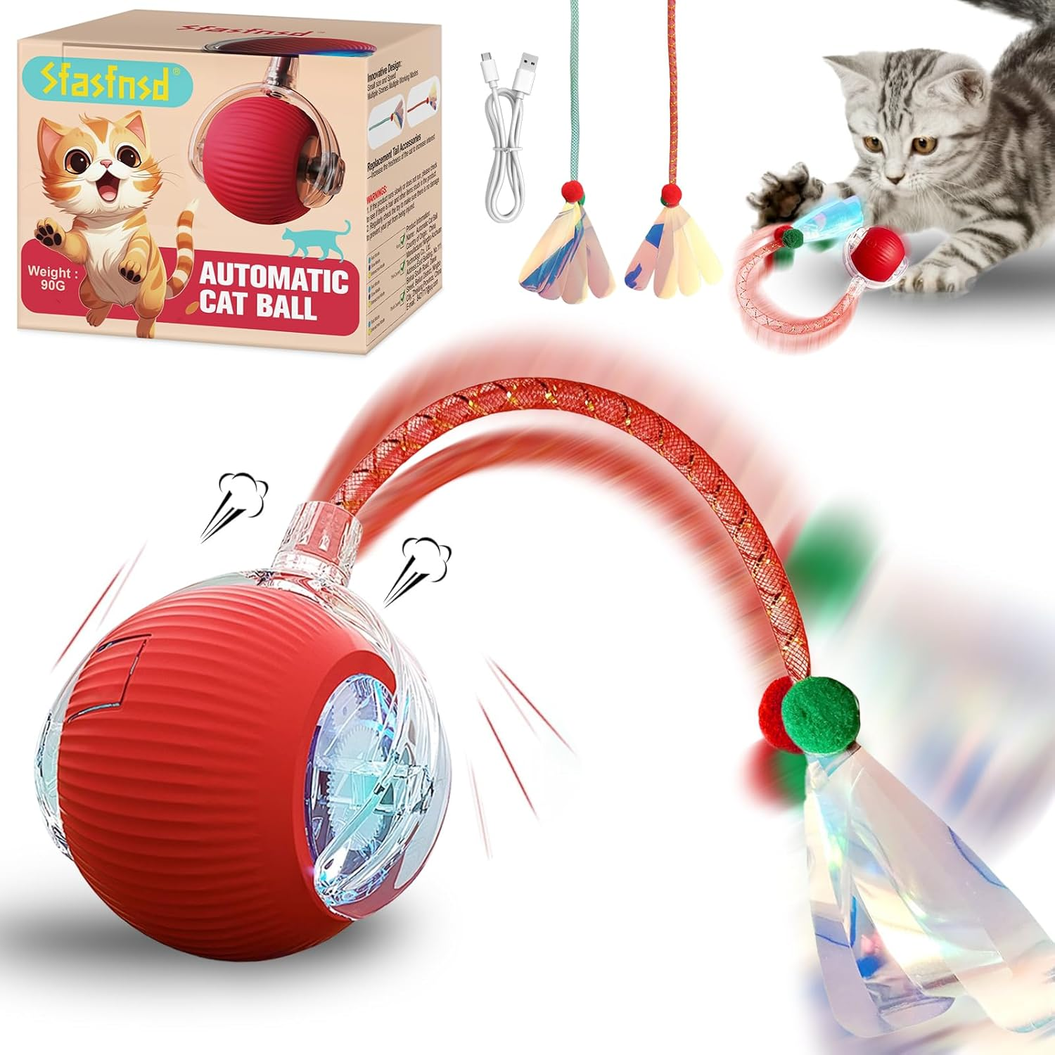 Interactive Cat Ball Toys, 360&deg; Intelligent Auto-Rolling Cat Toy Ball with Obstacle Avoidance, Smart Electric Toy for Indoor Cats image number 2